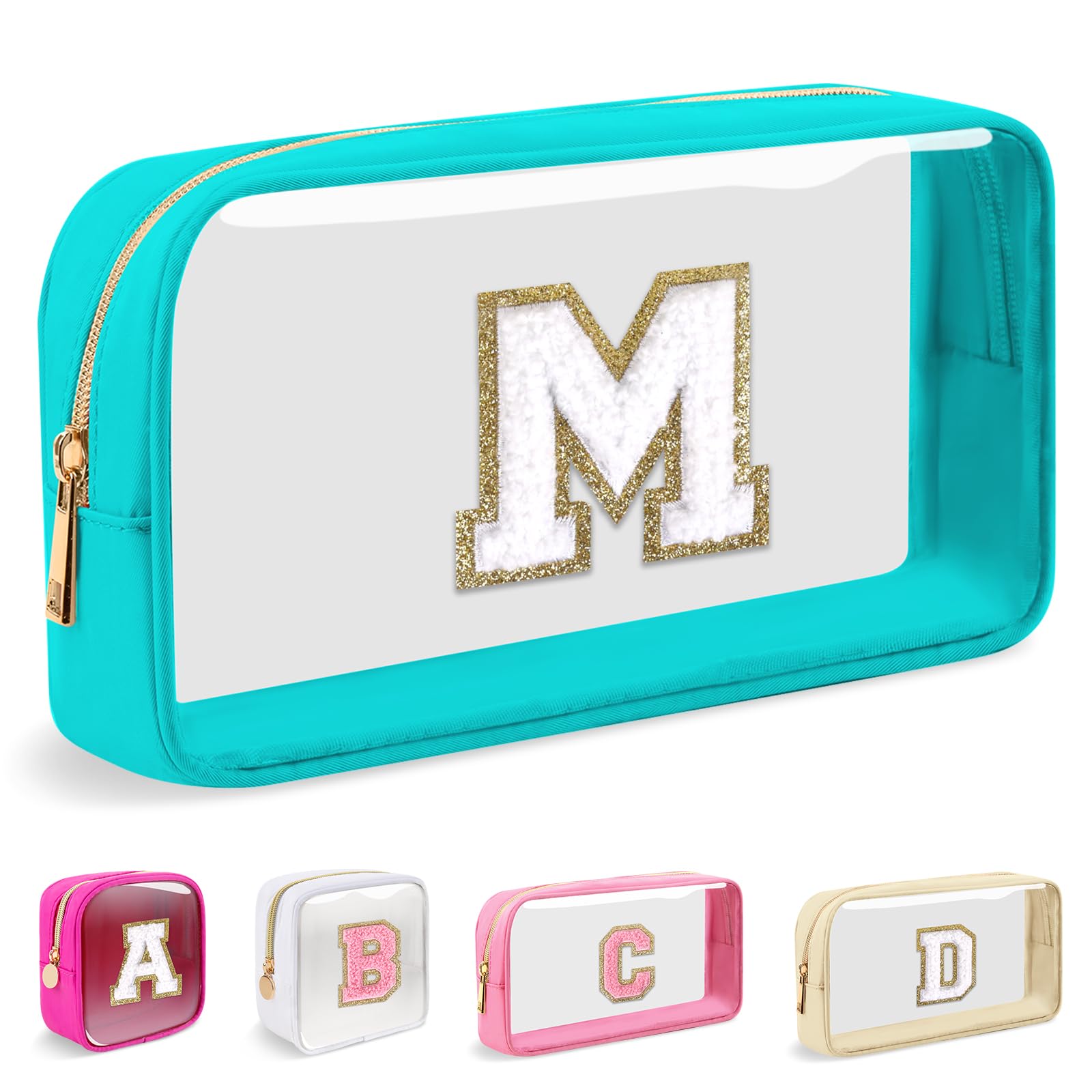 Small Clear Personalized Initial Makeup Bag,Nylon Preppy A-Z Chenille Letter Patch Cosmetic Pouch Beach Toiletry Bag,Waterproof Zipper Travel Purse