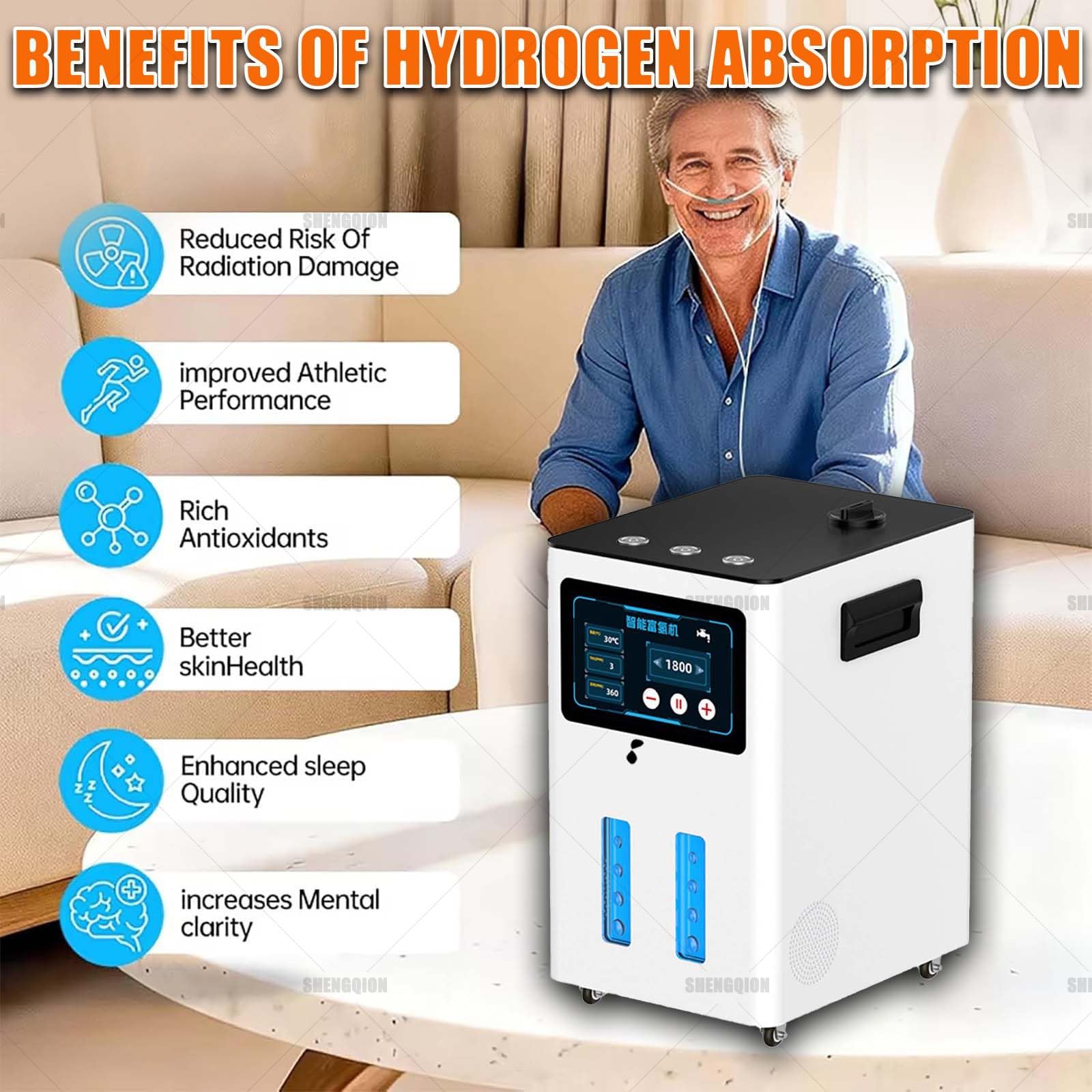 Domowy Inhalator Wodorowy, Urządzenie Do Inhalacji Wodoru O Czystości 99,99%, 7-Stopniowa Separacja Gazu Od Wody, Timer 0,5–6 Godz., Maks. 4200 Ml/Min, Smart Touch, Cicha Praca(Gunmetal,1200ml/min)