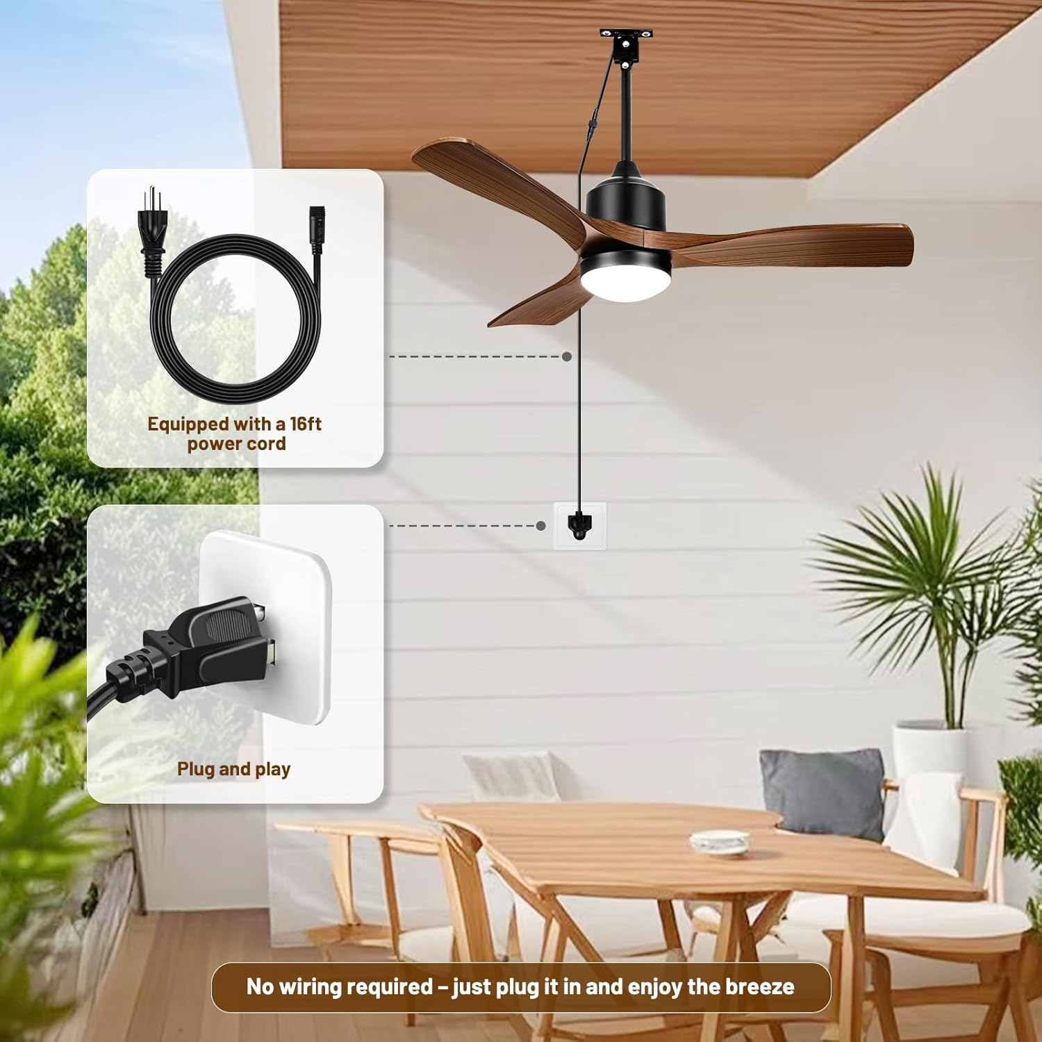 42 Inch Gazebo Fan - Smart Plug-in Outdoor Ceiling Fan with Light & Remote, IP65 Wet Rated, 16ft Cord, App Control for Patio, Pergola, Deck, Brown
