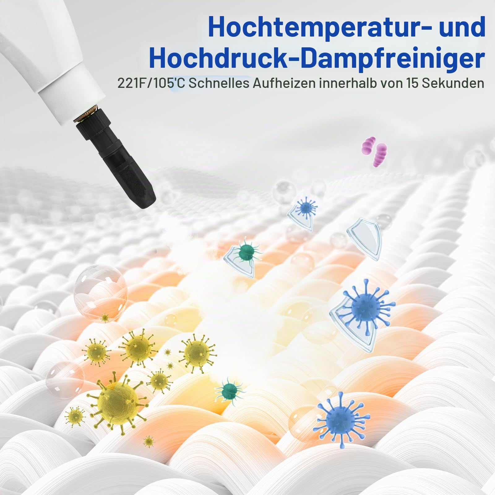 2500W Tragbarer Dampfreiniger mit 1100ML Wassertank, Dampfreiniger Handgerät 3.0 bar Druck & 9 Zubehörteilen und 3 Bürstenköpfen – Ideal für Küche, Bad, Auto & Polster