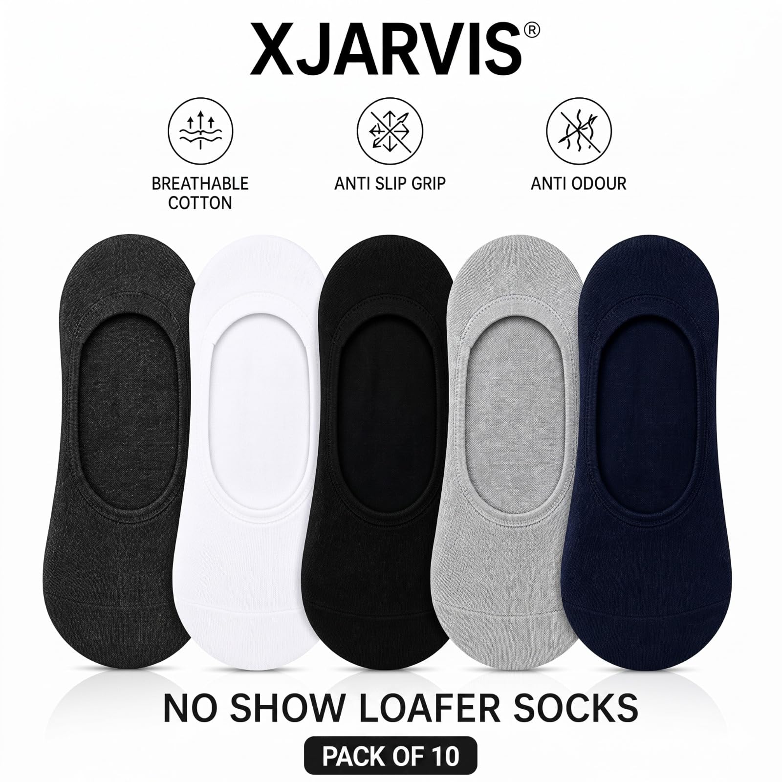 XJARVIS Calcetines mocasines antideslizantes de corte bajo para hombres y mujeres con algodón peinado para deportes, correr y senderismo, paquete de 5 (tamaño libre)