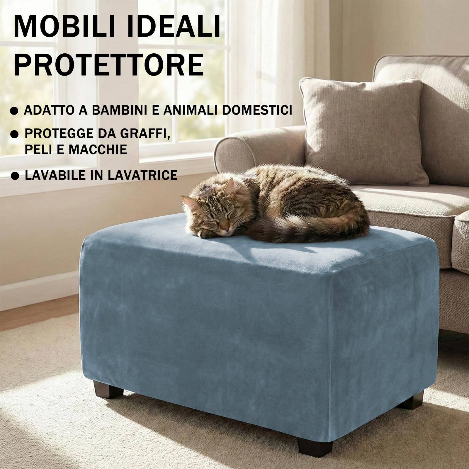 Copri Pouf Rettangolare, Elasticizzato Copri Poggiapiedi Velluto Copertura Dell'Ottomano Rimovibile Antiscivolo Copri Ottomano Con Fondo Elastico-blu grigio-Large