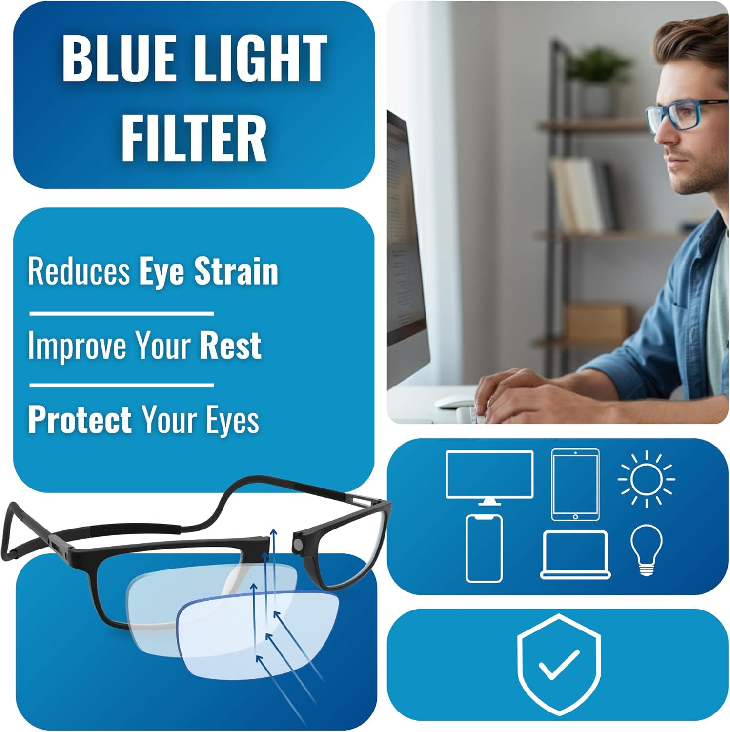 INDESMED Premium Magnetic Reading Glasses for Presbyopia | 7-Point Adjustable Fit, Blue Light Filter, (1 unit)