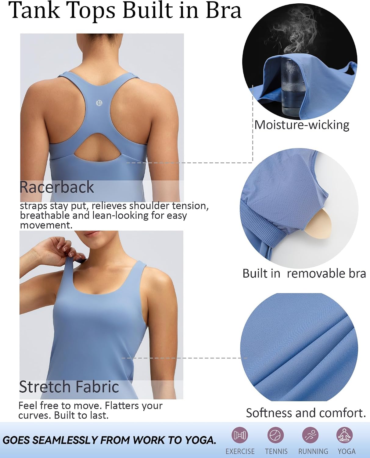 RUNNING GIRL Tank Tops with Built-in Bra – Racerback Compression Top, Stays Put & Breathable for Yoga, Workout, Running