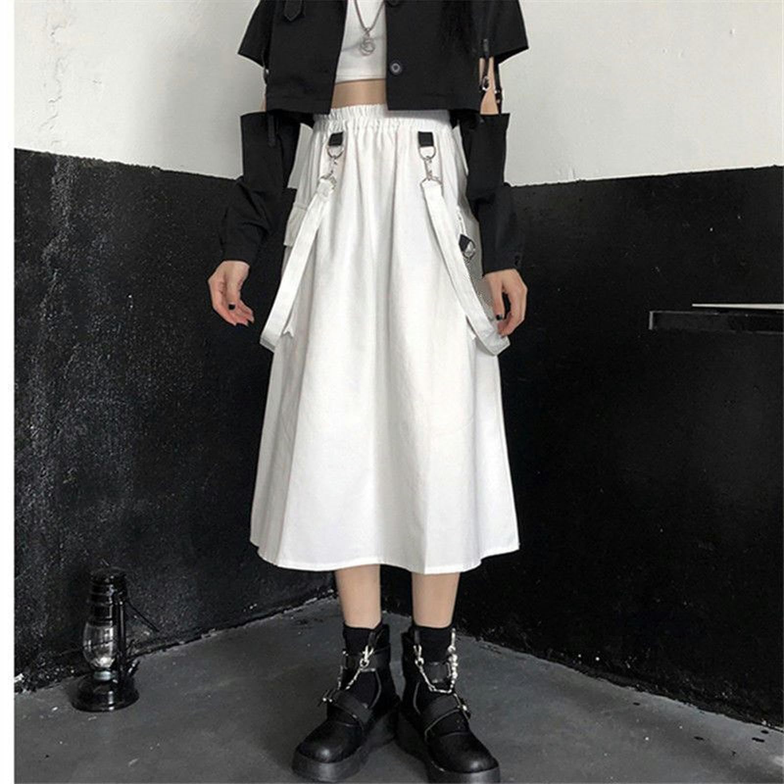 Falda de Verano para niñas, Estilo Harajuku, Falda Blanca, Negra (con Cadena) - XL