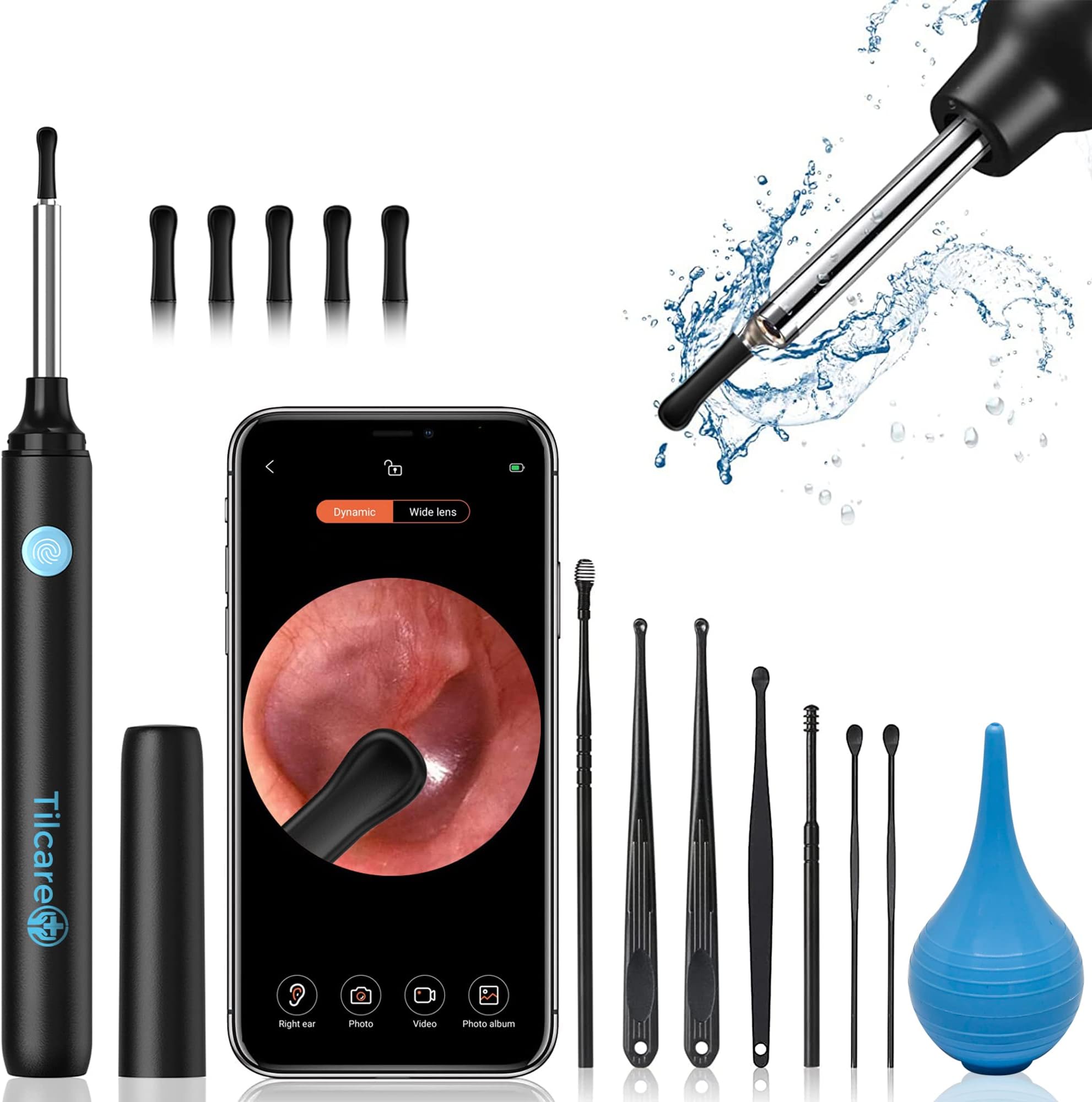 Ear Cleaning Kit With Ear Camera by Tilcare – Smart USB-C Otoscope with Light for Adults & Kids - Perfect Ear Wax Removal Kit - Includes Bulb Syringe and Stainless Steel Curette Kit