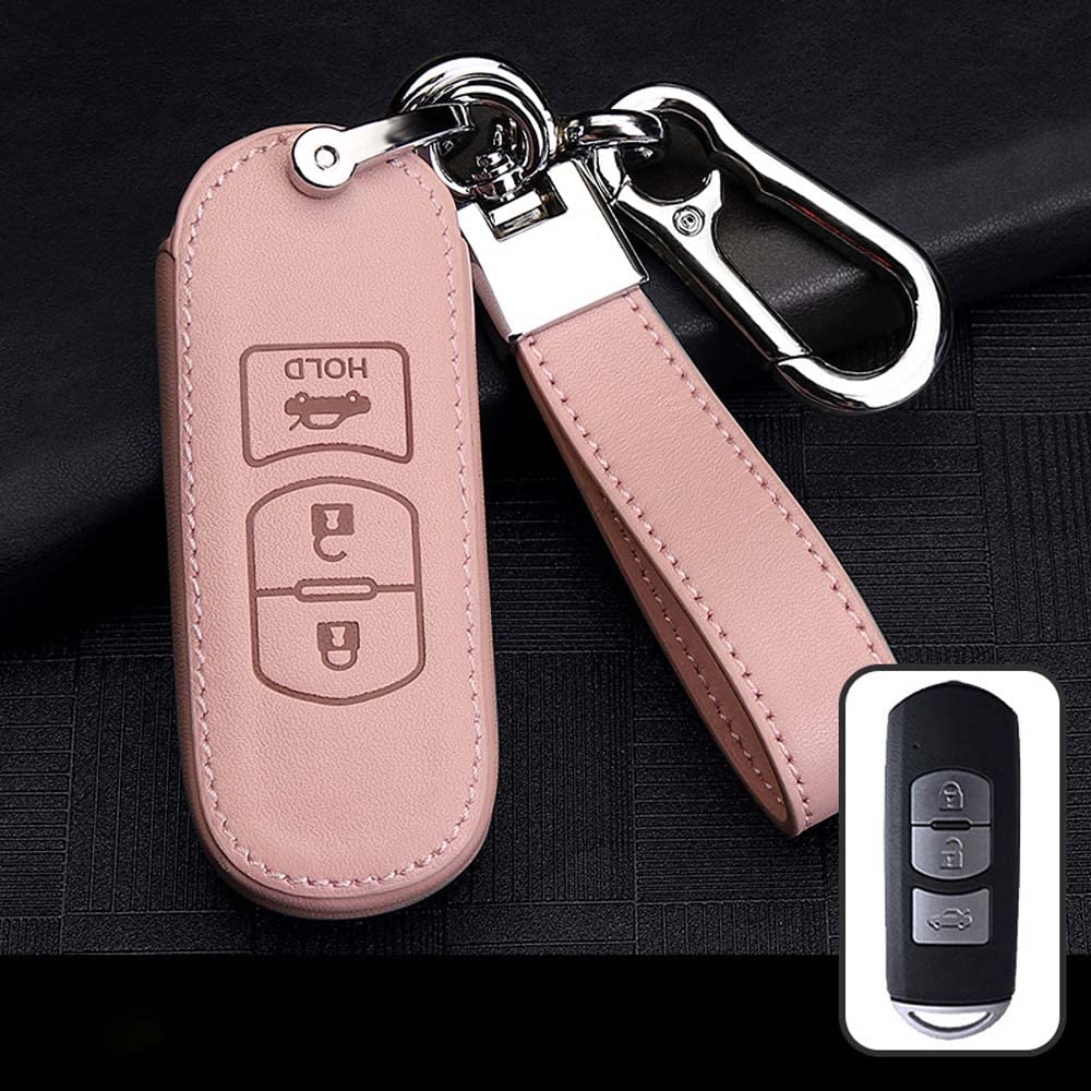 HIBEYO Smart Key Case for Mazda Protective Car Key Cover Cowhide Leather for Mazda 2 3 5 6 BT50 CX-5 CX-7 CX-9 RX8 Flip Key Cover Case Key Chain B 3 Buttons Pink - Image 3