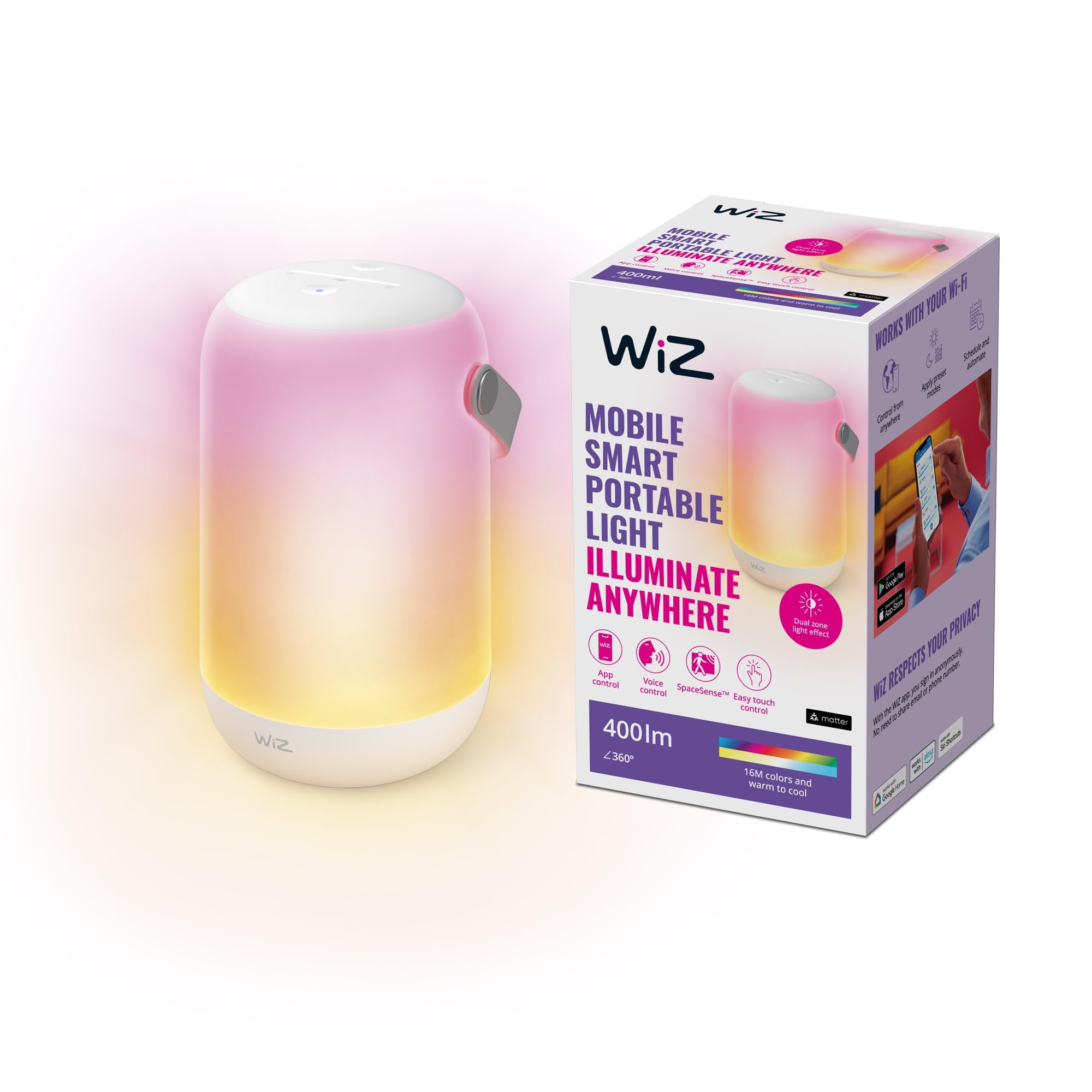 WiZ Luminaire Connecté True Portable, lampe portable Wi-Fi, couleur, fonctionne avec Alexa, Google Assistant et Apple HomeKit