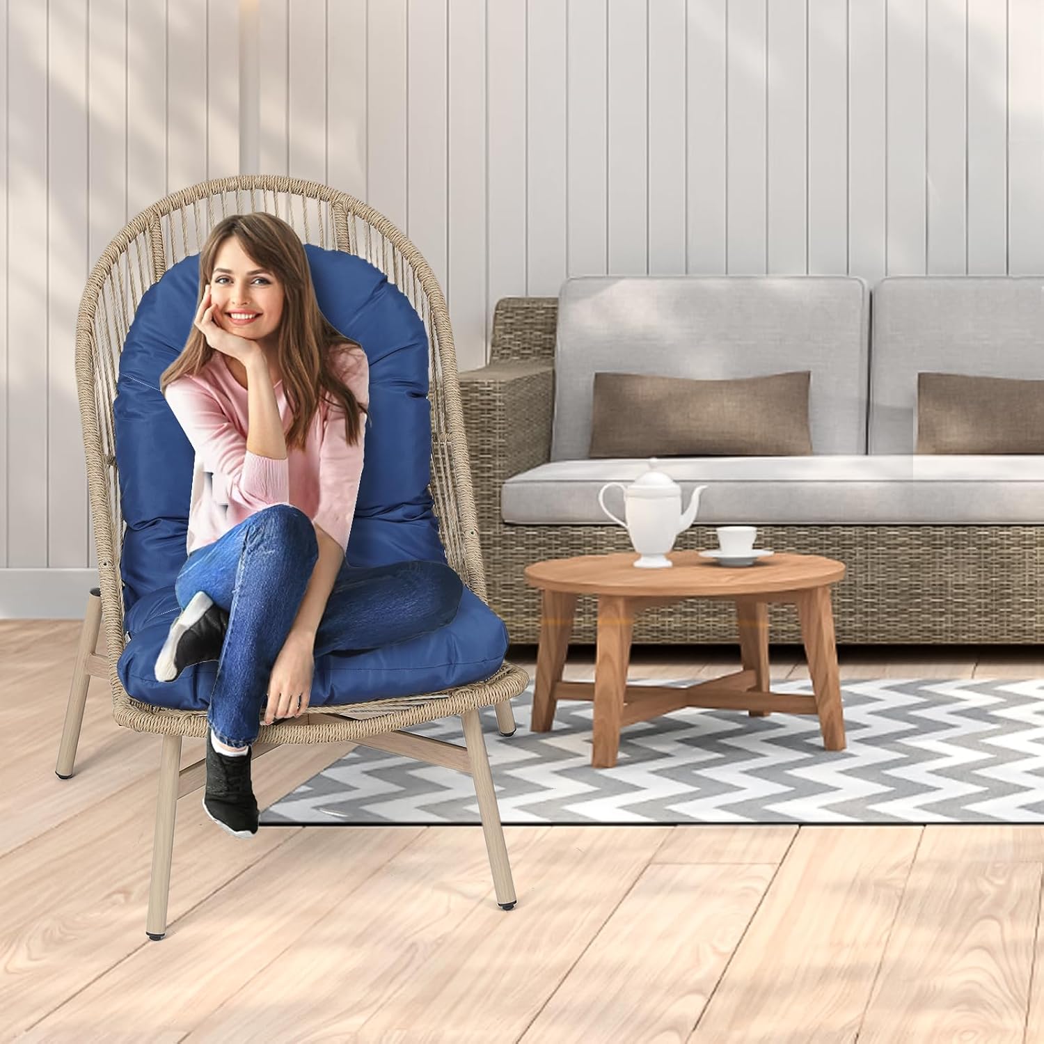 Magshion Patio Egg Chair with Canopy, Indoor Outdoor PE Rattan Basket Chair with Cushion, Steel Frame Lounge Chair for Outside Balcony Garden Backyard Porch, Blue