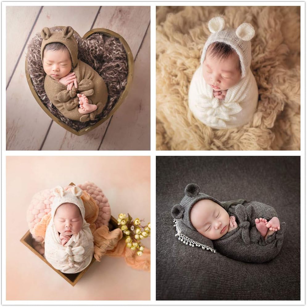 Newborn Baby Boy Girl Photography Props Bow Wrap, Posing Aid, Hat and Blanket Set of 4 Pcs