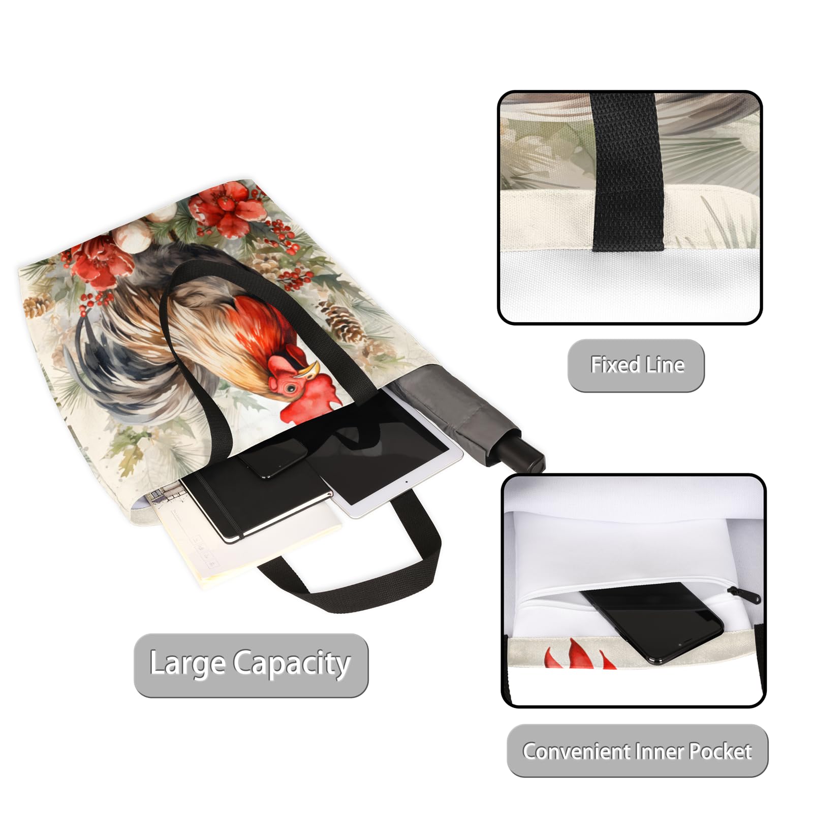 Mularoka Watercolour Berry Flower Rooster Large Capacity Canvas Tote Bag Stylish Handheld Shoulder Bag Reusable Shopping Bag for Work Travel Beach Trips Shopping