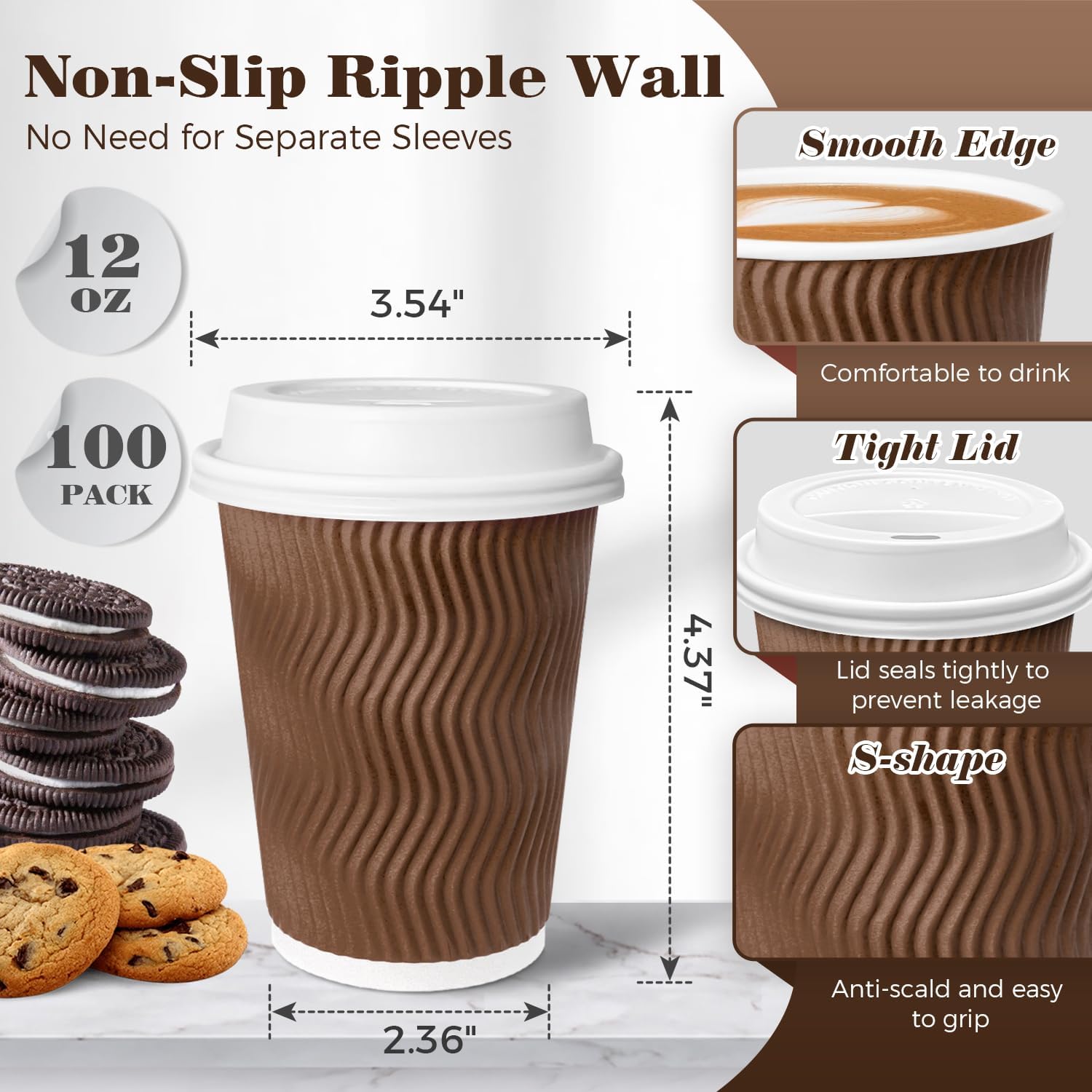 Charmount 100 Pack 12 oz Brown Disposable Insulated Coffee Cups with Lids - Ripple Wall Hot Paper To-Go Cups for Coffee, Tea, Cocoa, and Drinks - For Home, Office, Party - Image 2