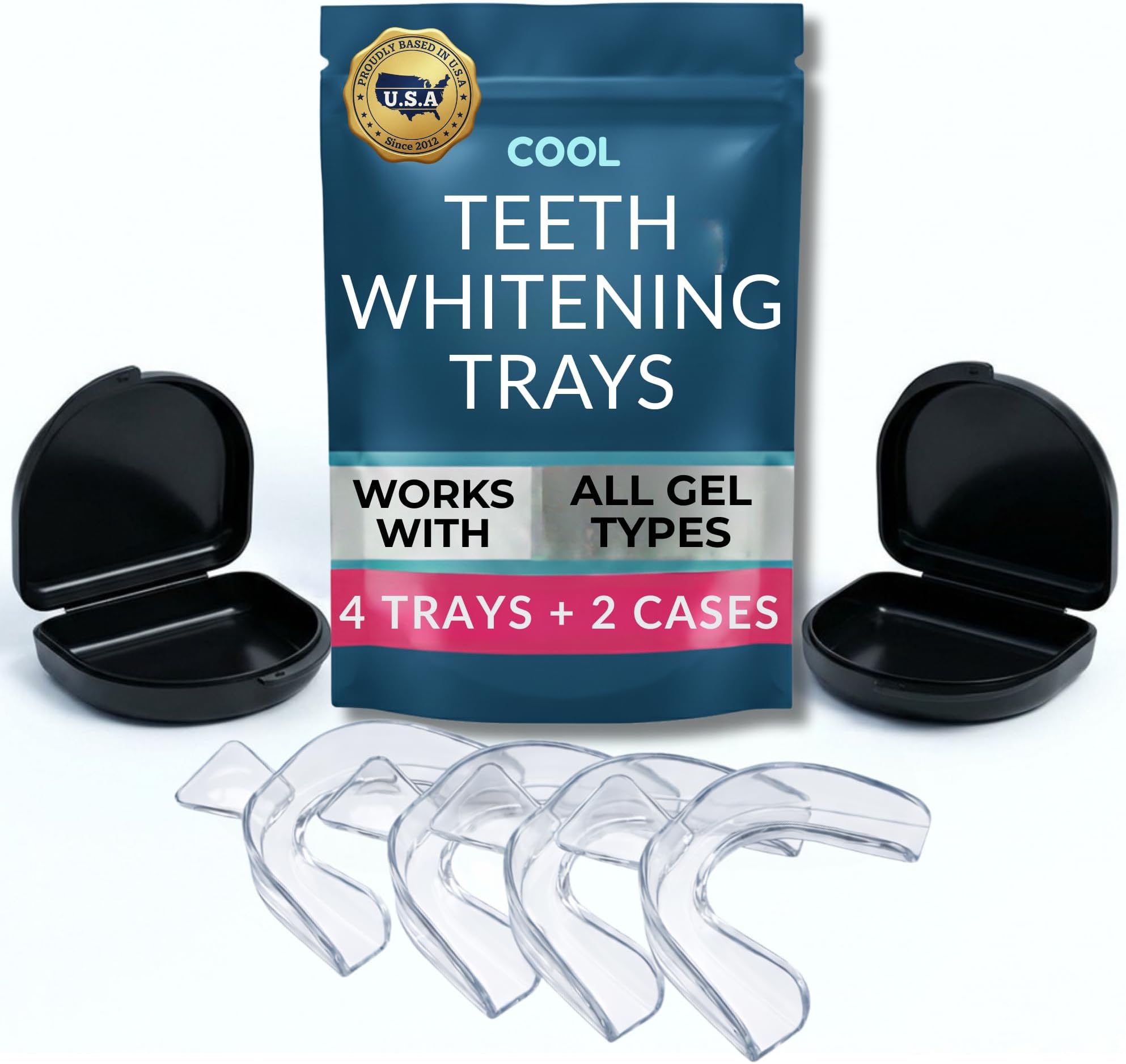 Teeth Whitening Trays Moldable & Trimmable – 4 Custom Fit Dental Bleaching Trays with 2 Storage Cases, Compatible with All Whitening Gels, BPA-Free Slim Design