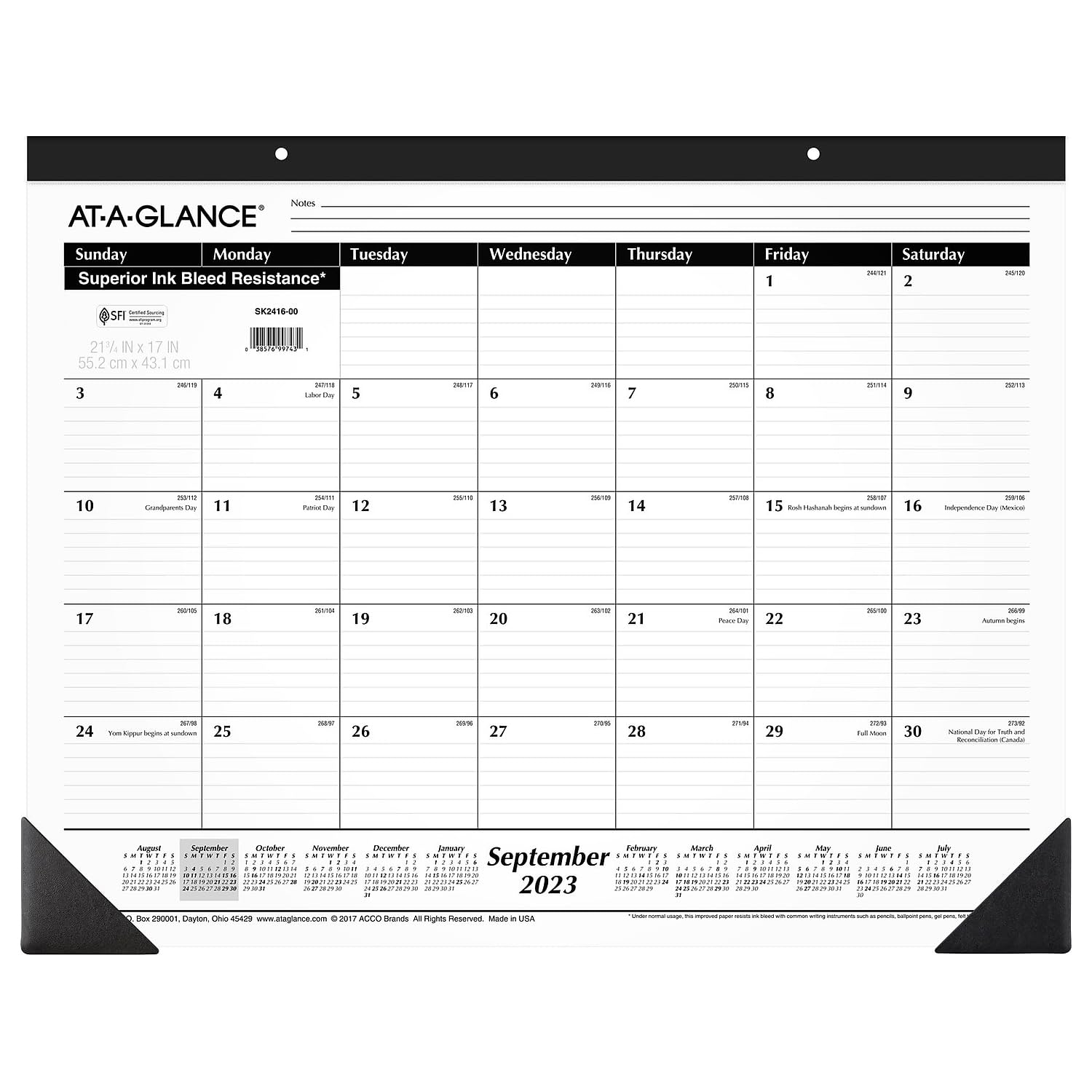 AT-A-GLANCE Akademischer Schreibtischkalender 2023-2024, monatliche Schreibtischunterlage, 53,5 x 43,2 cm, linierte Tagesblöcke, Standard (SK241600)
