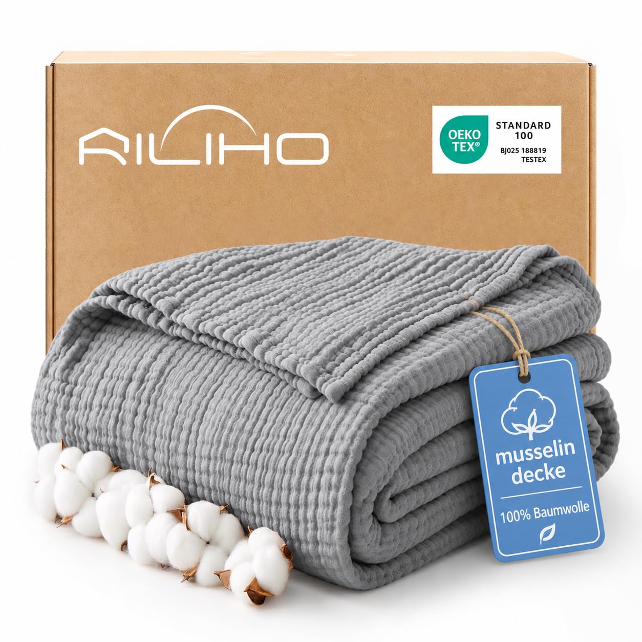 RILIHO musselindecke Adult 127 x 152, 100% Baumwolle, Sommer Decke, atmungsaktive Gaze-Decke alle Jahreszeiten, weich und leicht, Wohndecke Couch Decken, bettdecke, Mittelgrau