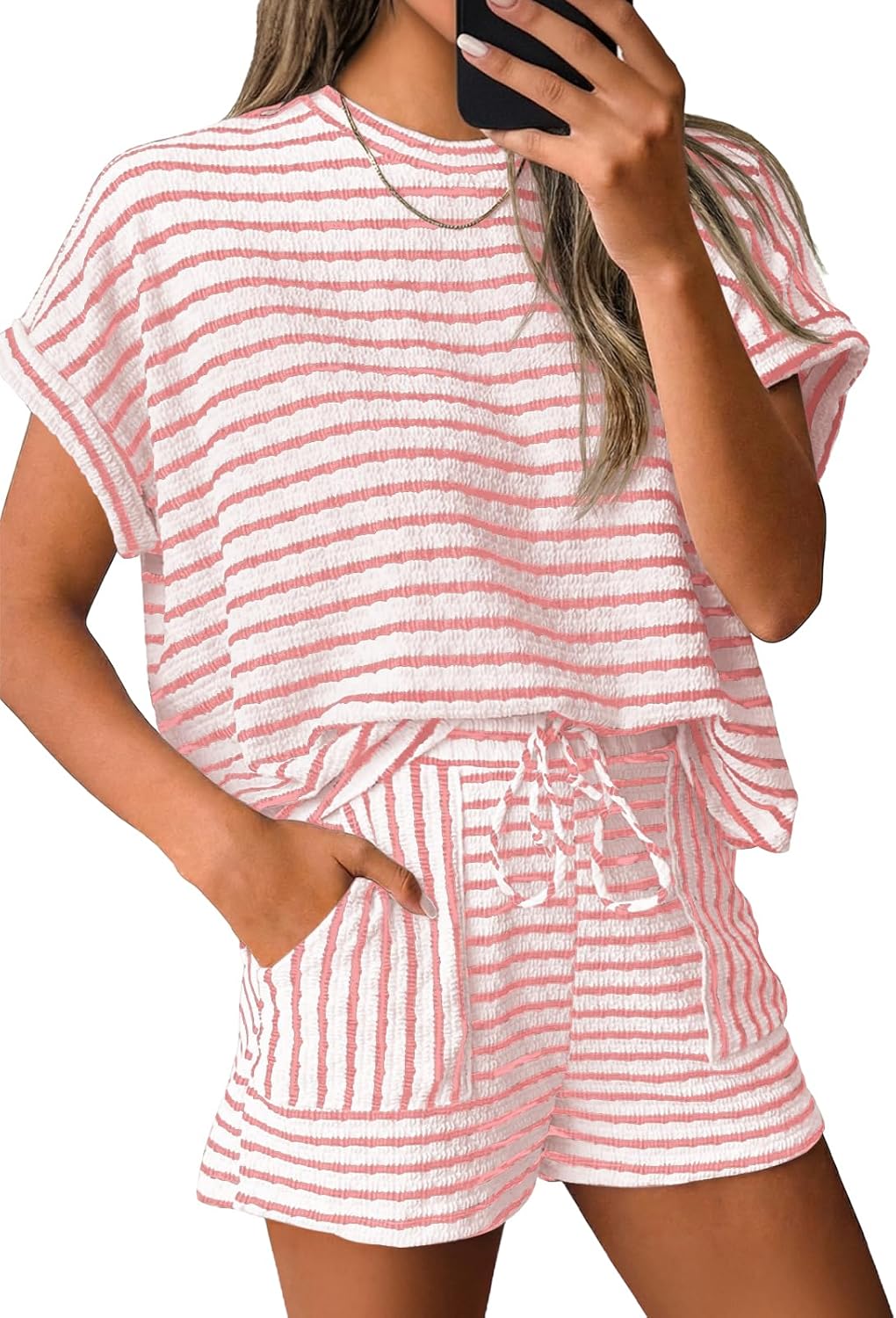 Tankaneo Womens Striped Summer 2 Piece Short Sets Short Sleeve T Shirts Drawstring Shorts Casual Outfits Lounge Pajama Sets