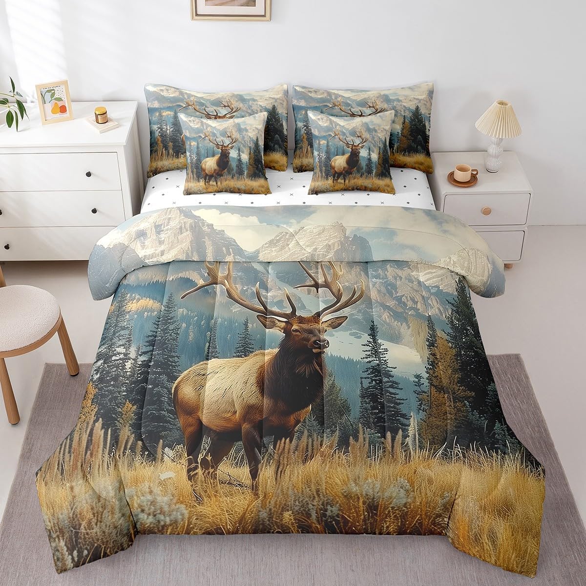 Feelyou 7Pcs Deer Comforter Sets Full Size, Deer Antler Decor Rural Hunting Theme Comforter Set Bed in a Bag(1 Comforter, 1 Flat Sheet 1 Fitted Sheet 2 Pillowcases and 2 Throw Pillow Covers)