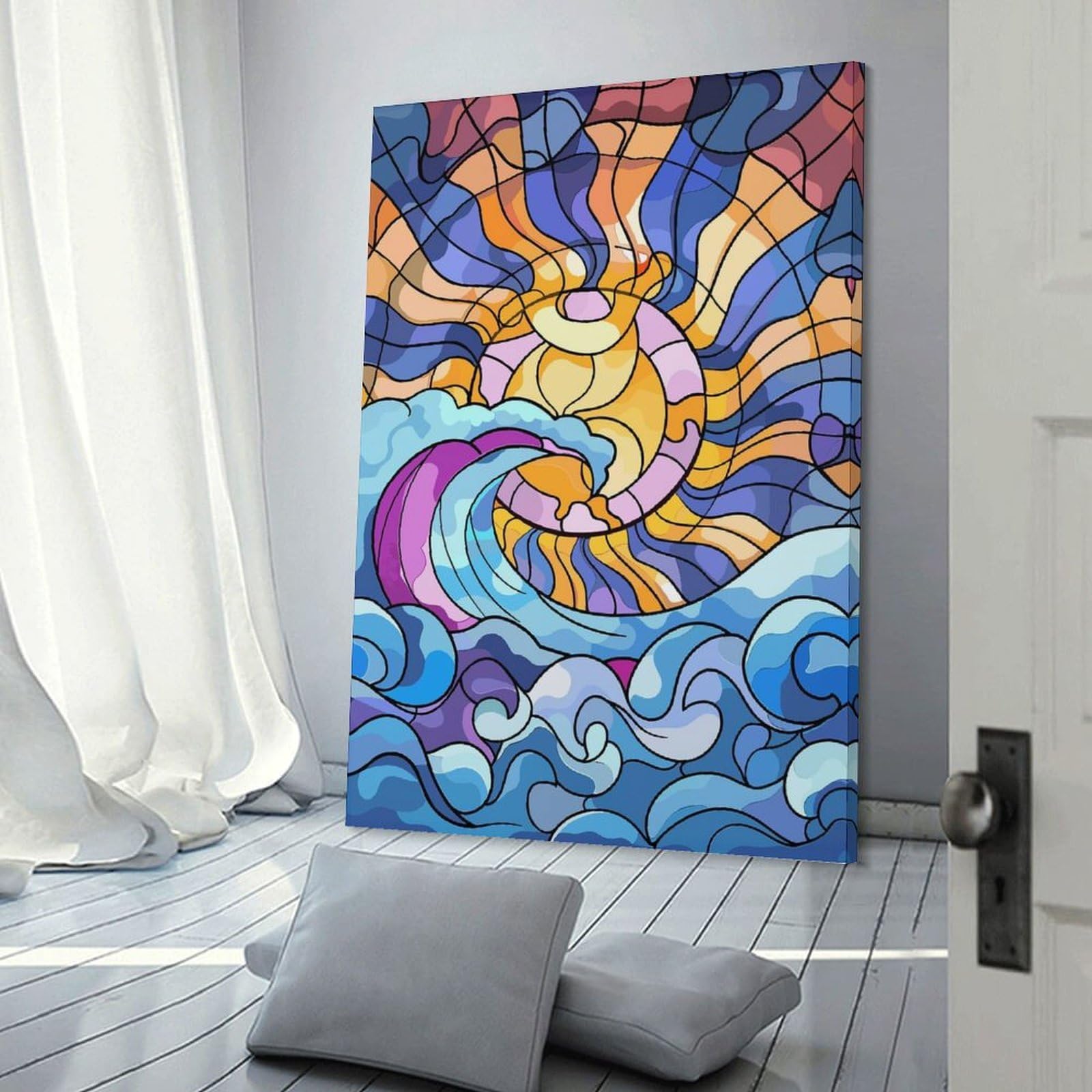 Junmoney Stained Glass Sun And Waves Canvas Art Print, 12x18inch(30x45cm), for Wall Displays, Bedrooms Or Room Updates, Home Wall Art for Statement Displays