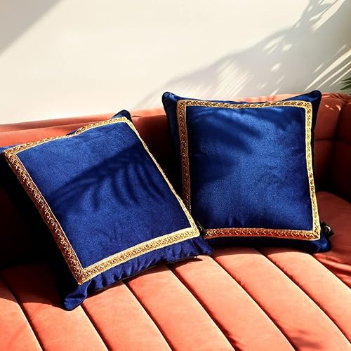 Miniatura 6 de Fundas de almohada decorativas de terciopelo para sofá, cama, silla, diseño de patrón bordado, azul real, paquete de 2, 18 x 18 pulgadas