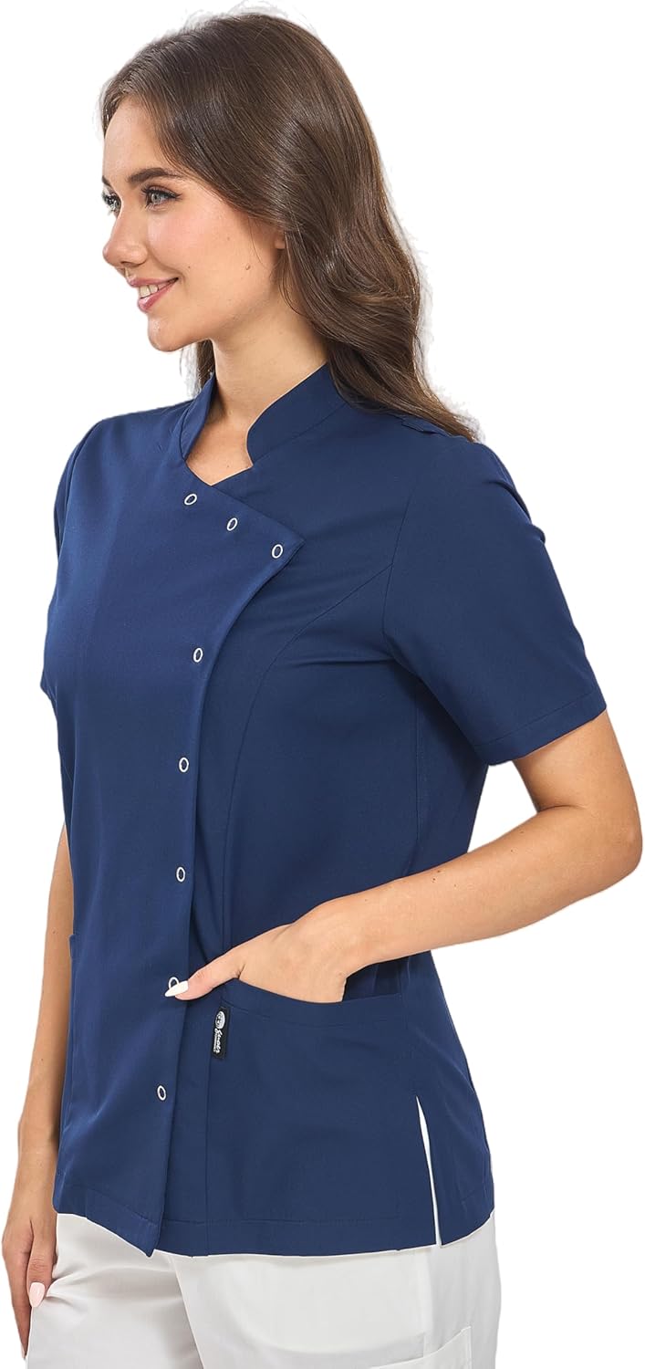 GUOER Scrub Tops Women,Mandarin Collar, Front Snap Fasteners,Side Slits,Back Pleats,3 Pockets