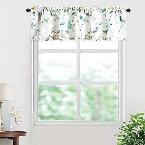 Miniatura 184 de VOGOL Cenefas con patrón de pájaros para ventanas de cocina, cenefa texturizada de lino con estampado floral y pájaros para ventanas pequeñas