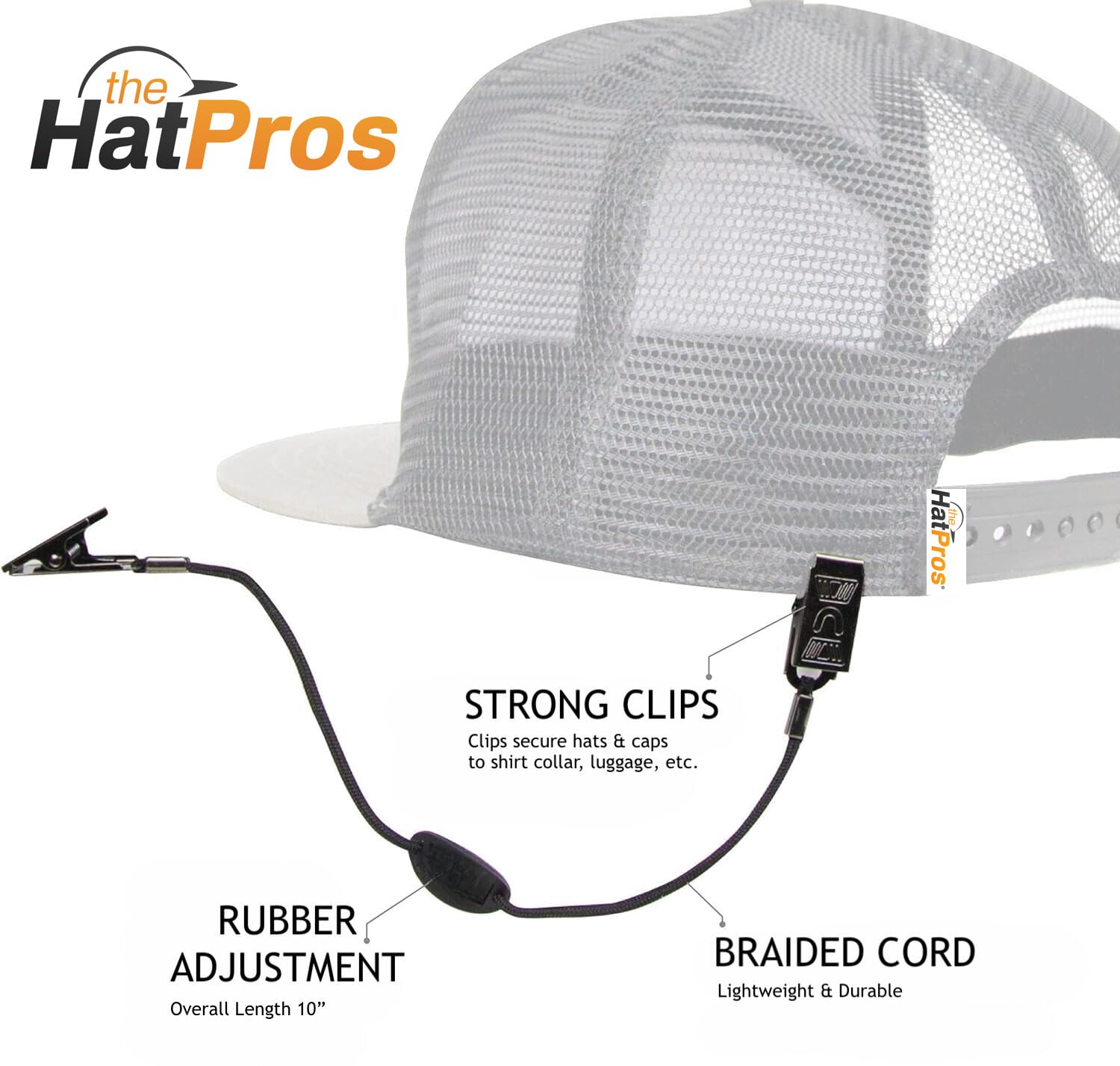 The Hat Pros Cap Catcher w/Adjustable Braided Nylon Cord and Bulldog Clips