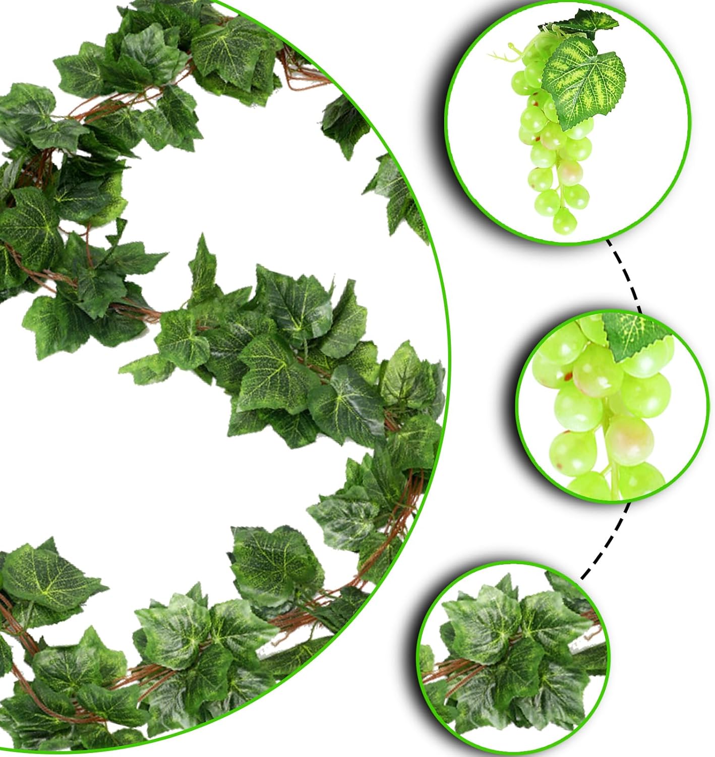 5Pcs 36Leaves Artificial Greenery Garlands Hanging Leaves with 6Pcs Assorted Size Grapes Bundles Faux Grape Leaf Garland Vine Plants for Wedding Garden Home Party Wine Rack Decor