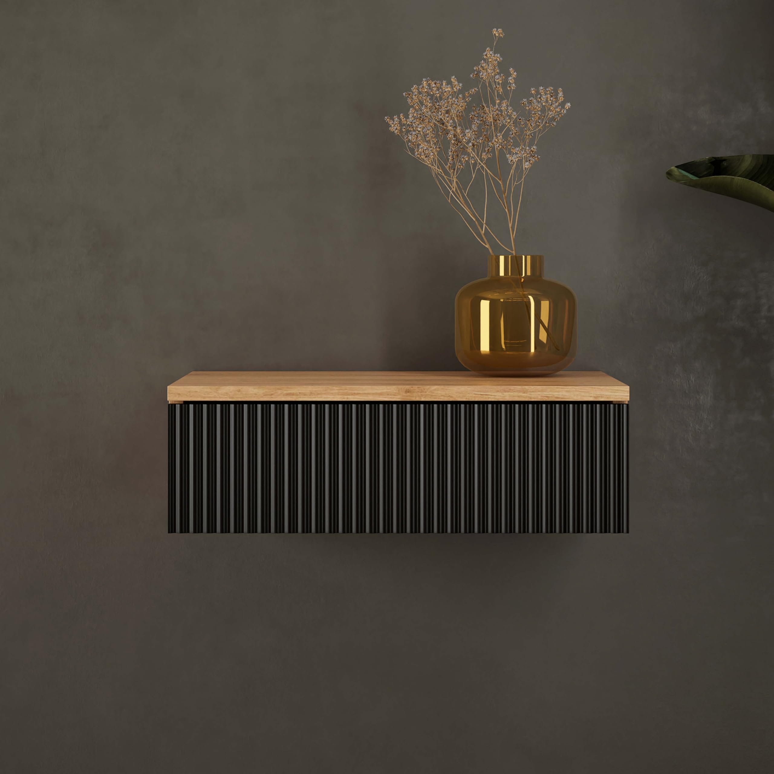 Planetmöbel Amyra - Consola estrecha con cajón, consola de pared para armario, pasillo y tocador, color dorado y negro, 50 x 16 x 35 cm