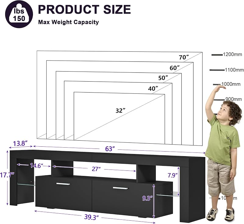 Clikuutory Modern Lighting 63 inch TV Stand with Large Storage Drawer for 50 55 60 65 70 75 Inch TVs, TV Console with 20 Color LED Lights, Entertainment Center Media and Open Shelf for Bedroom, Black image 6