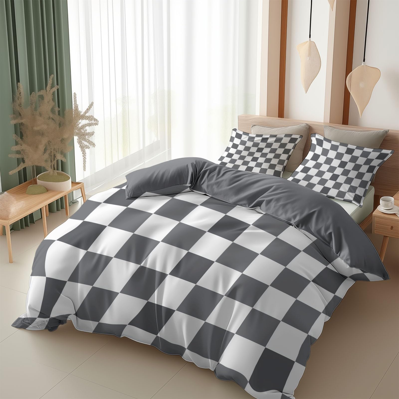 Srigzcaly Cot-bed Size Duvet Cover Set 120 x 150 cm, Reversible Creative abstract grid Bedding Set Lightweight Easy Care, Soft Comfy Breathable grey Quilt Cover Set with Pillowcases