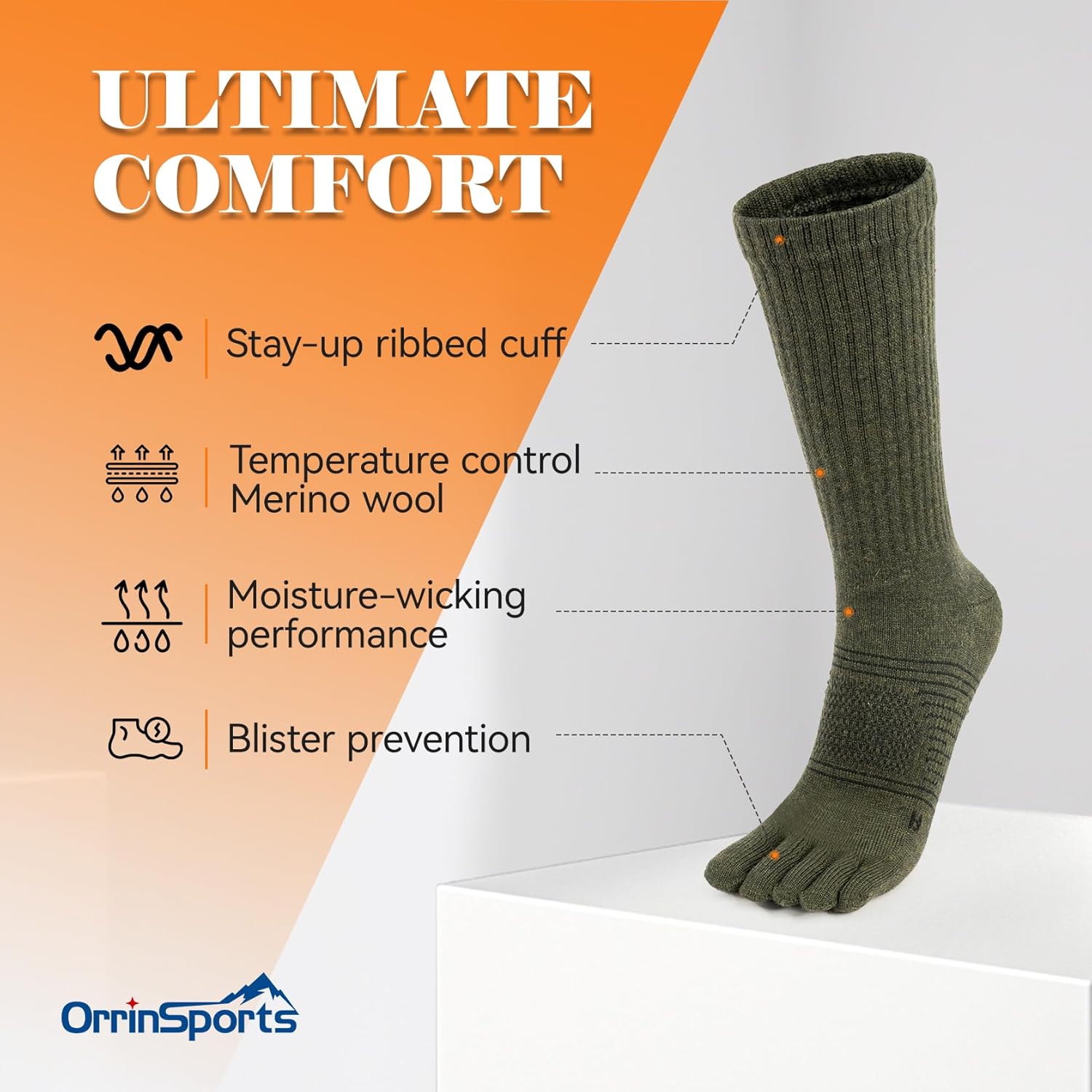 Merino Wool Toe Socks for Men and Women, Five Finger Hiking Socks, Warm Thermal Boot Sock for Winter, 3 Pairs