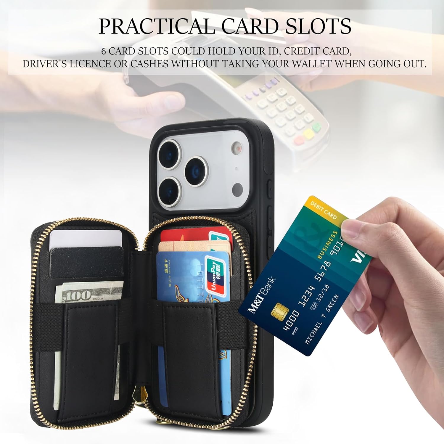 RFID Blocking Crossbody Zipper Wallet Leather Phone Case for iPhone 17 Pro Max Women (Black)