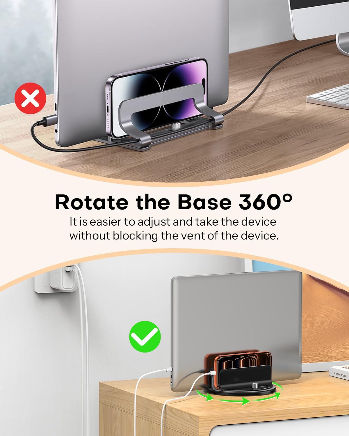 OMOTON VL04 360° Rotating Vertical Laptop Stand Holder, Aluminum Dual-Slot Desk Organizer for MacBook & iPad, Sides Knob Adjustment (No Lost Screws), Holds Laptop, Tablet & Keyboard, Fits up to 17.3"