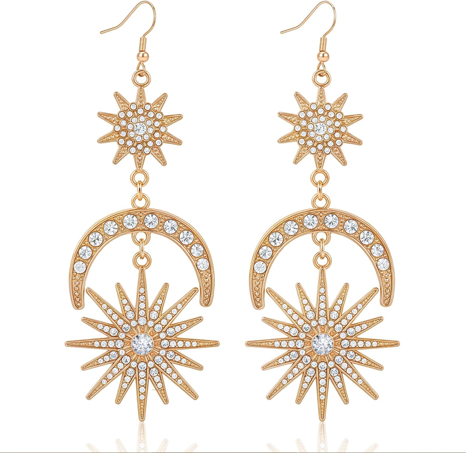 Mardi Gras Gold Earrings for Women - Sun Moon Star Celestial Huggie Dangle Earrings, Hypoallergenic Greek Mythology Boho Greek Mythology Witchy Jewelry