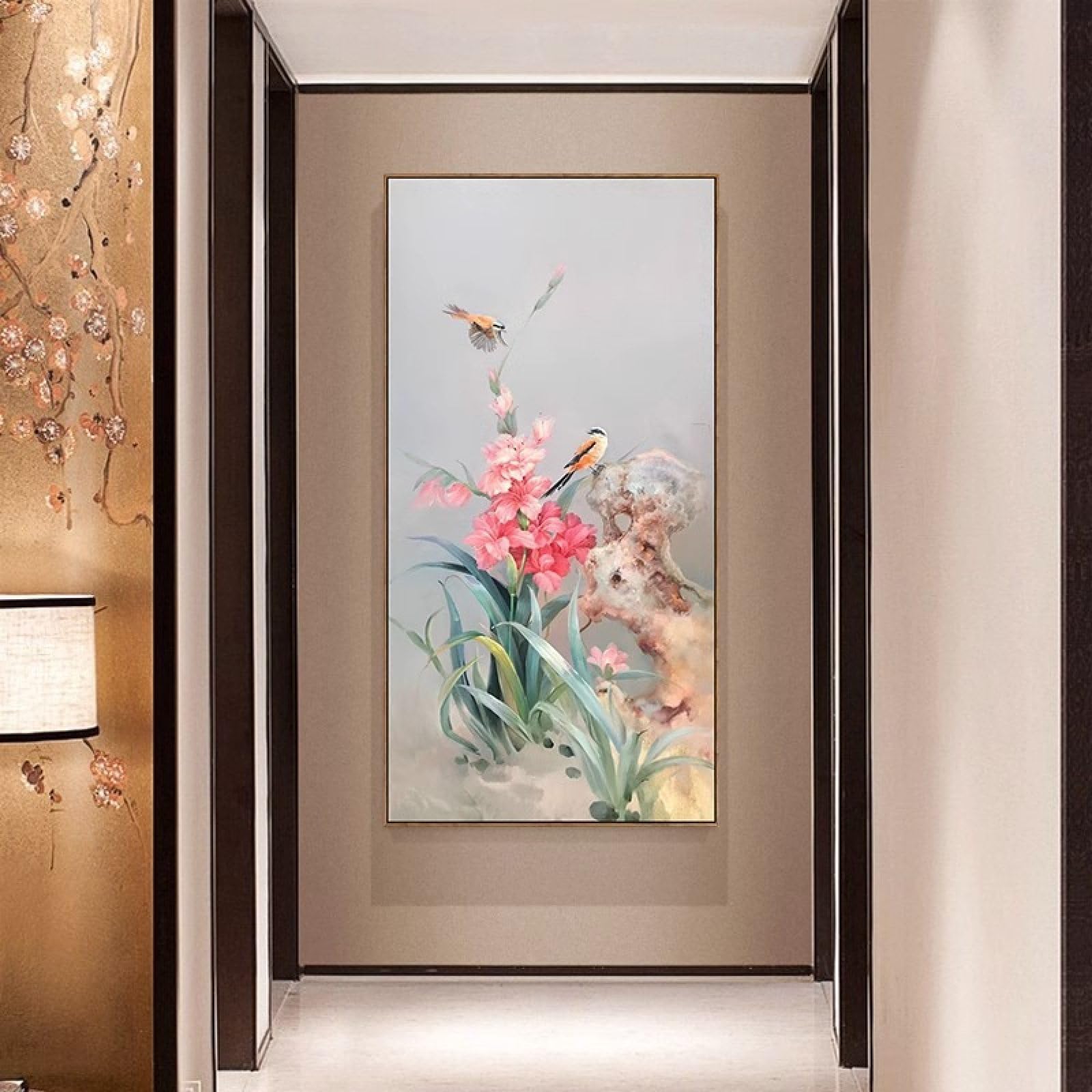 Tableau paysage fleurs et oiseaux pour décoration murale grand salon