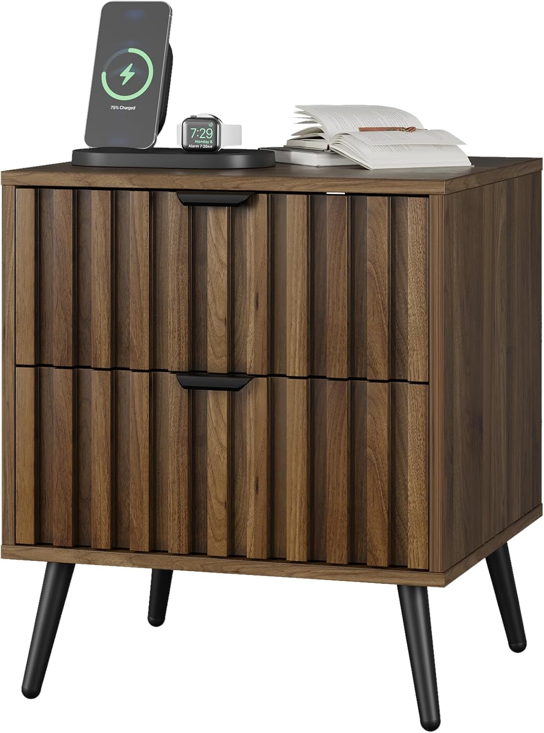Smuxee Walnut Wooden Night Stand, Mid Century Nightstand with 2 Fluted Drawers, Bedside Table with Open Shelf, Modern End Side Table for Bedroom - Image 8