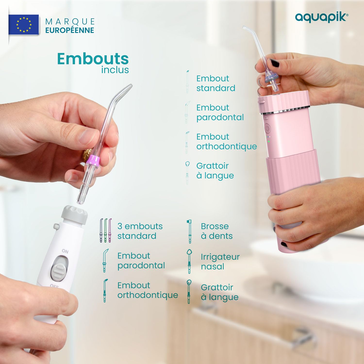 Aquapik® DUO Jet Dentaire : table + Mini Portable | Recommandé par les dentistes + Élimine la Plaque + Prend soin de vos Implants et Orthodontie | Hygiène Buccale Profonde (Blanc - Rose)