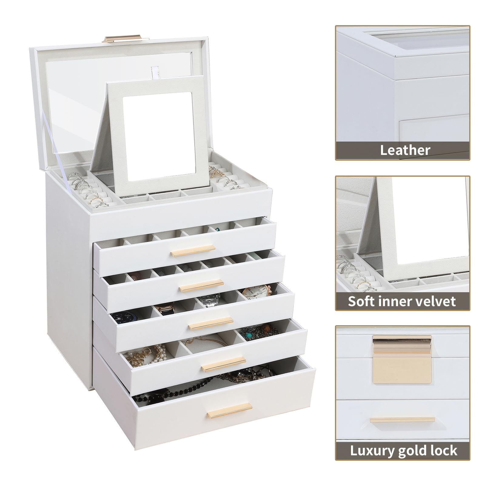 BOOVO Jewelry Box for Women, Black 6 Layer Large Jewelry Organizer with Glass Lid for Necklace, Bracelet, Earrings, Rings Storage, Jewelry Organizers and Storage for Womens Gift (Clear White, 6 layer)