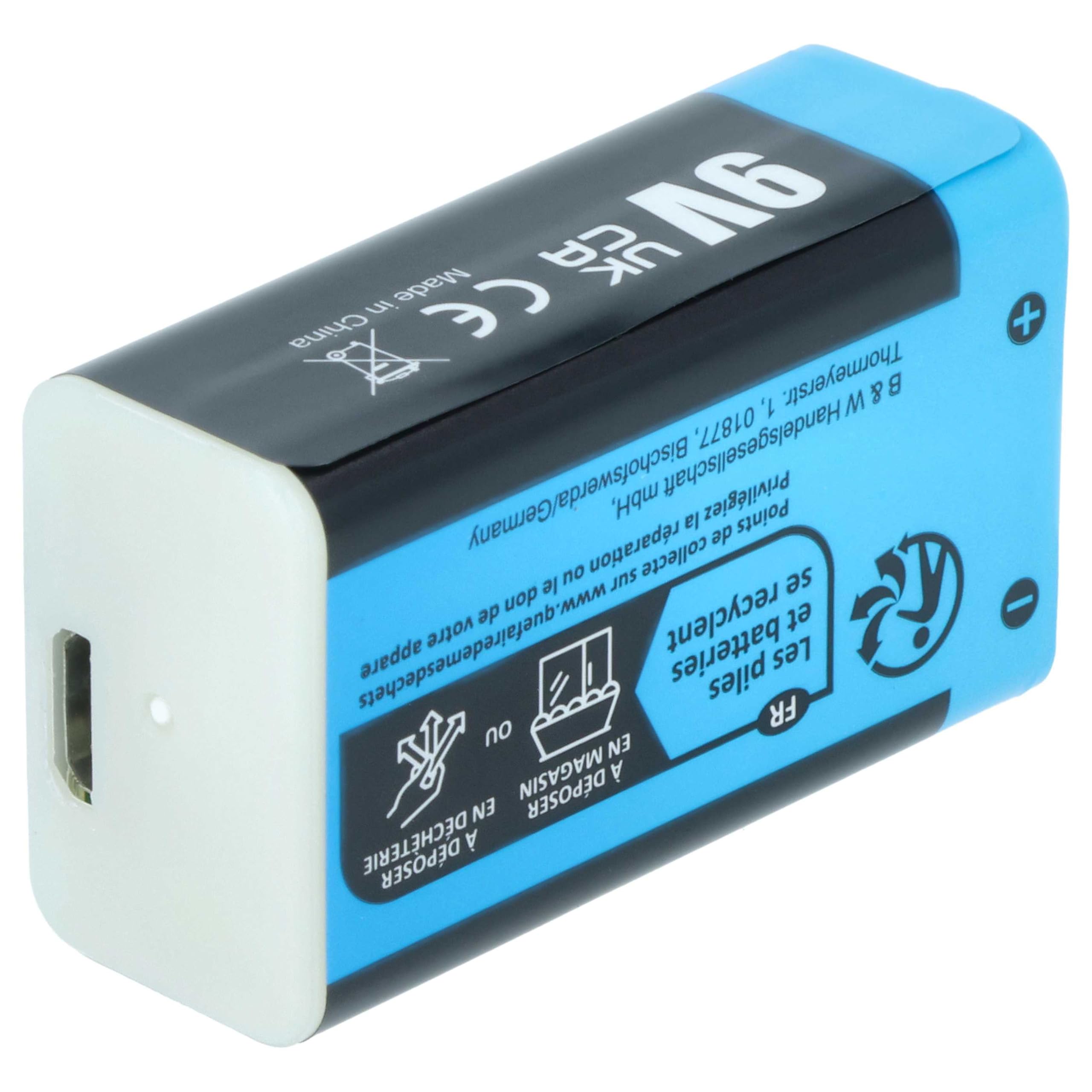 10x Piles Bloc Batterie 9V pour Divers appareils (1Ah, 9V, Li-ION), prête à l'emploi, avec Micro-USB