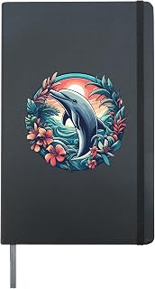 Dolphin Swimming Waves Botanical flower Retro Sunset Dolphin Hardcover Journal, Black