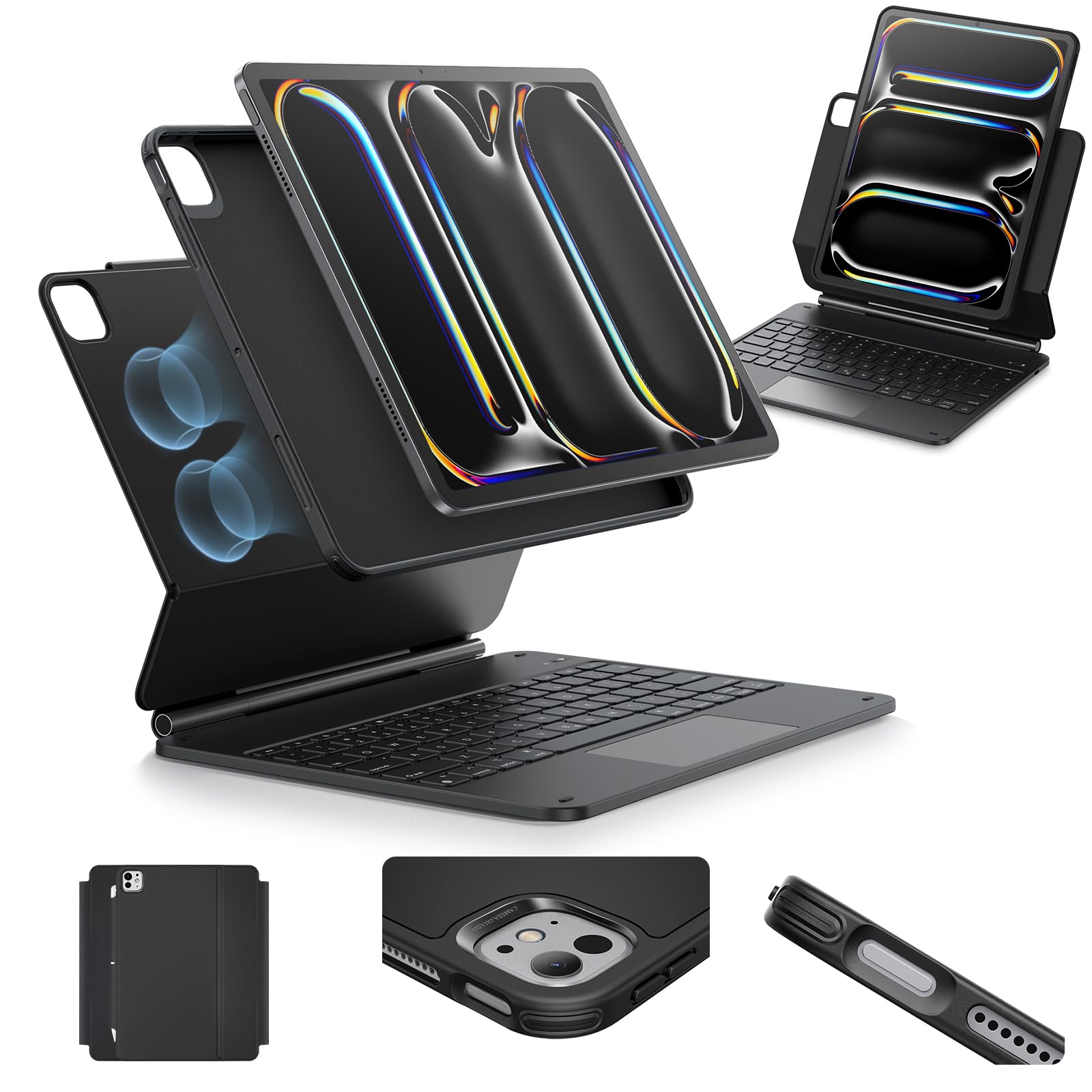 ESR iPad Pro 13 Inch Case with Keyboard (M5/M4, 2025/2024), iPad Pro 13 Keyboard Case with Easy-Set Magnetic Stand, Portrait/Raised Modes for iPad Pro 13, Removable, Rebound 360 Series, Black