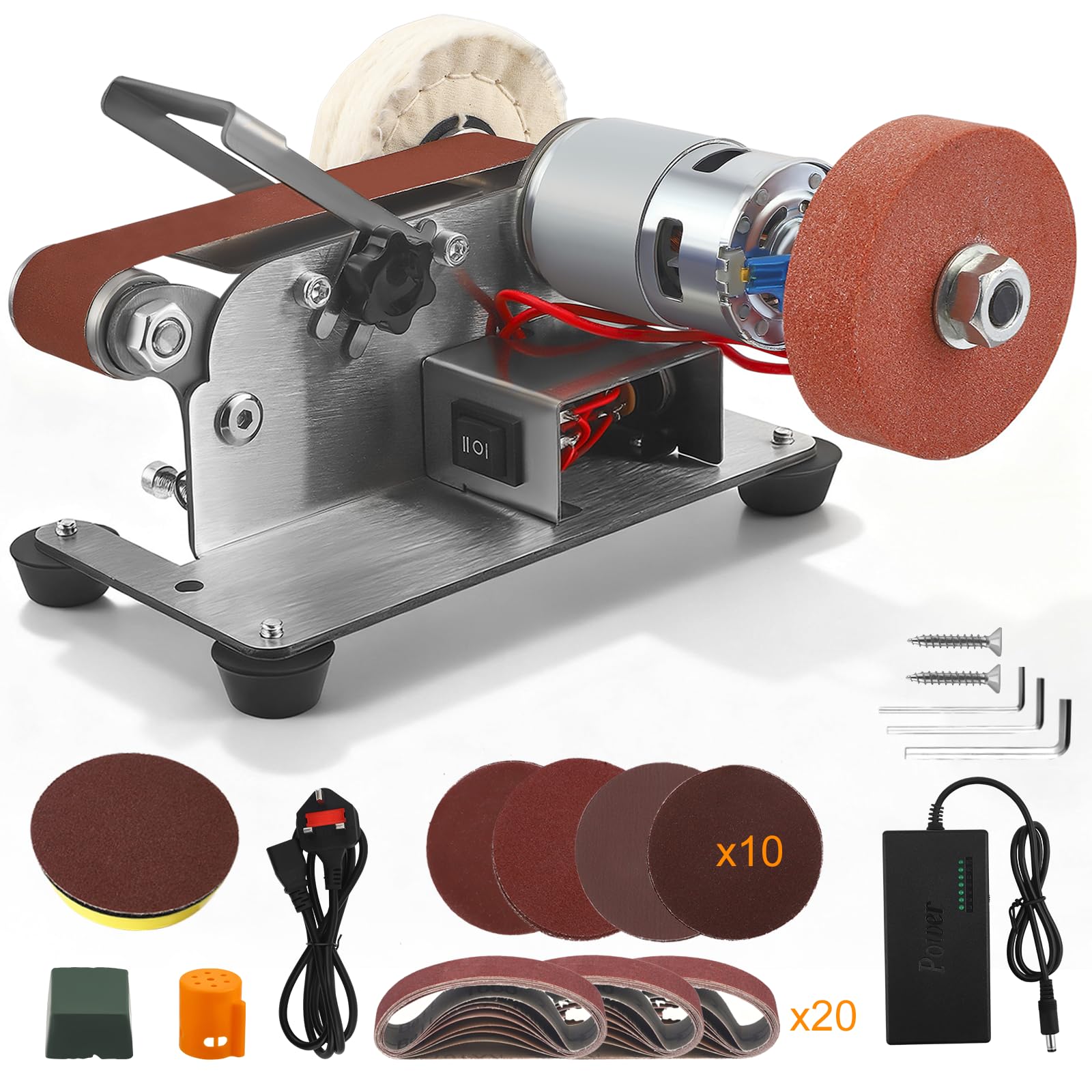 Mini Belt Sander, Electric Bench Grinder 7 Adjustable Speed, Electric Electric Belt Sanding Machine with Grinding Wheel Polishing Wheel & 10pc 120#/320#/600#/800#/1000# Sanding Beltsand