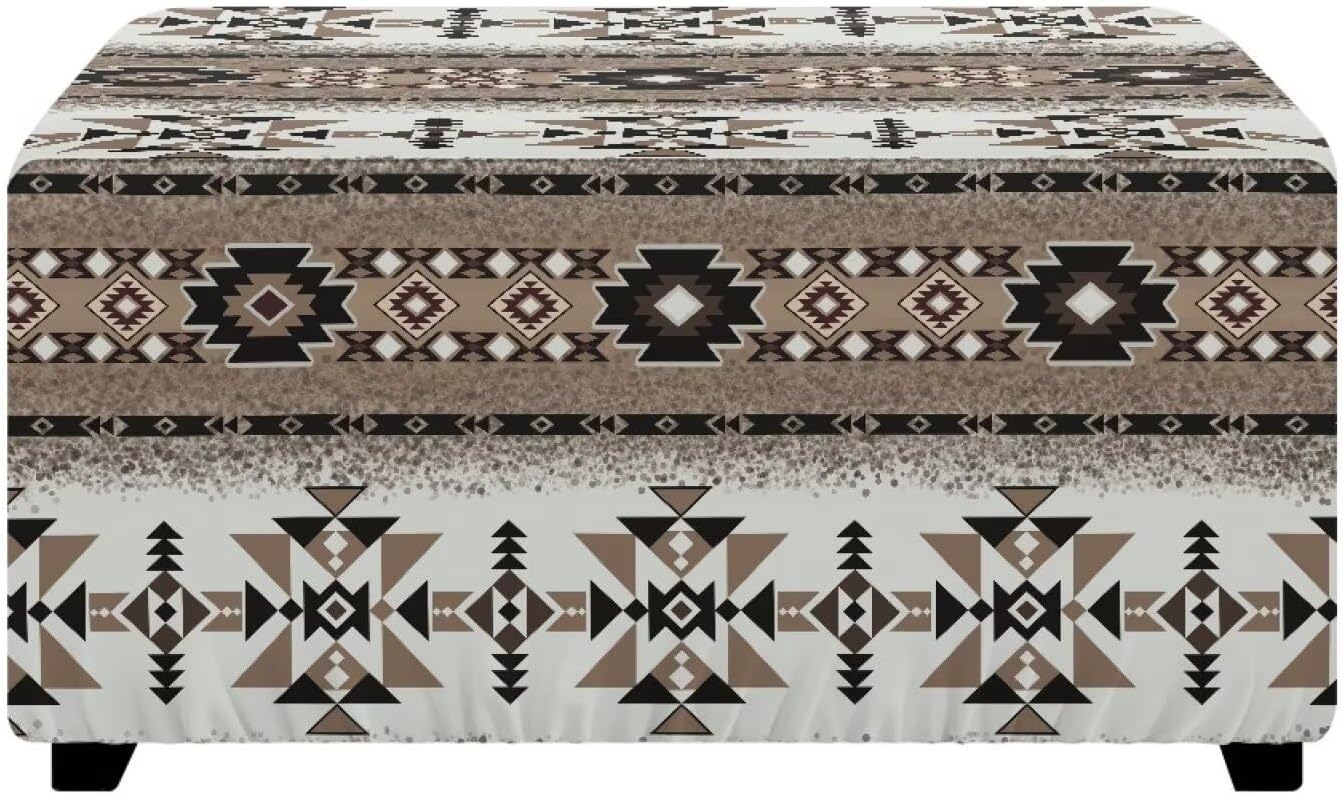 Aztec Stretch Ottoman Cover Removable Footstool Protect Footrest Covers Elastic Bottom 33”x30”x15” Ottoman Slipcover Rectangular