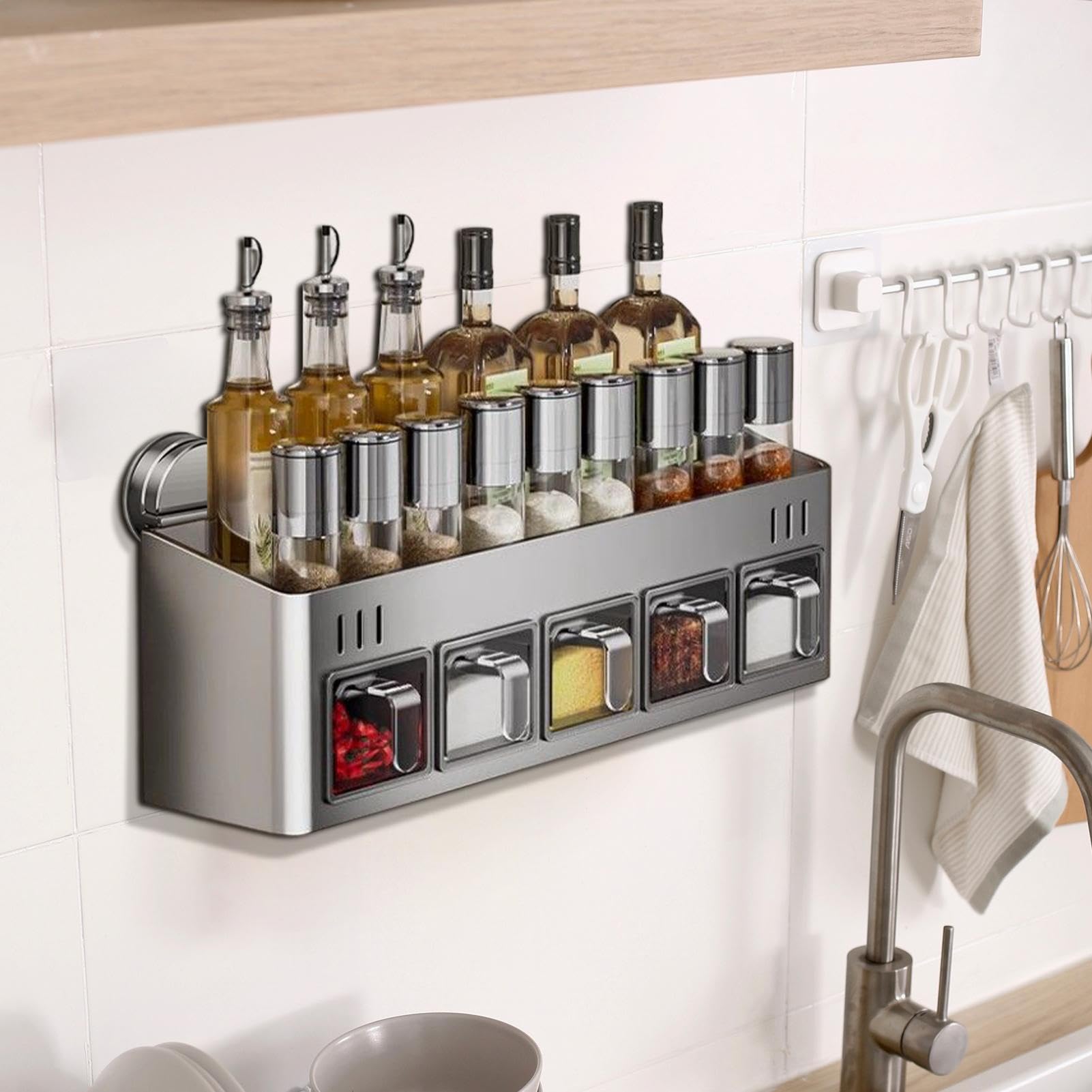 Estante de condimentos | Estante de condimentos de doble capa con, tarro de pared, exhibición de botellas, sin taladrar, soporte para condimentos de cocina para encimera de despensa | Soporte para Condimentos Sin Necesidad de Taladro para Alacena y Encime