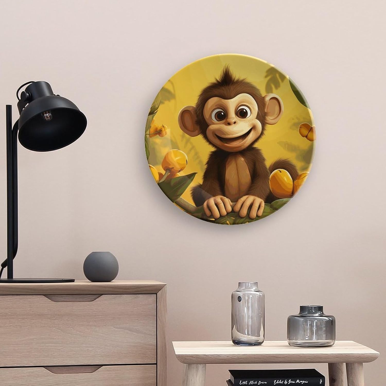 Cute Funny Animal Monkey Banana Decorative Ceramic Plate Personalized Bone China Decorative Plate Round Porcelain Plates with Display Stand Cabinet Display Plates for Home Decor 10inch