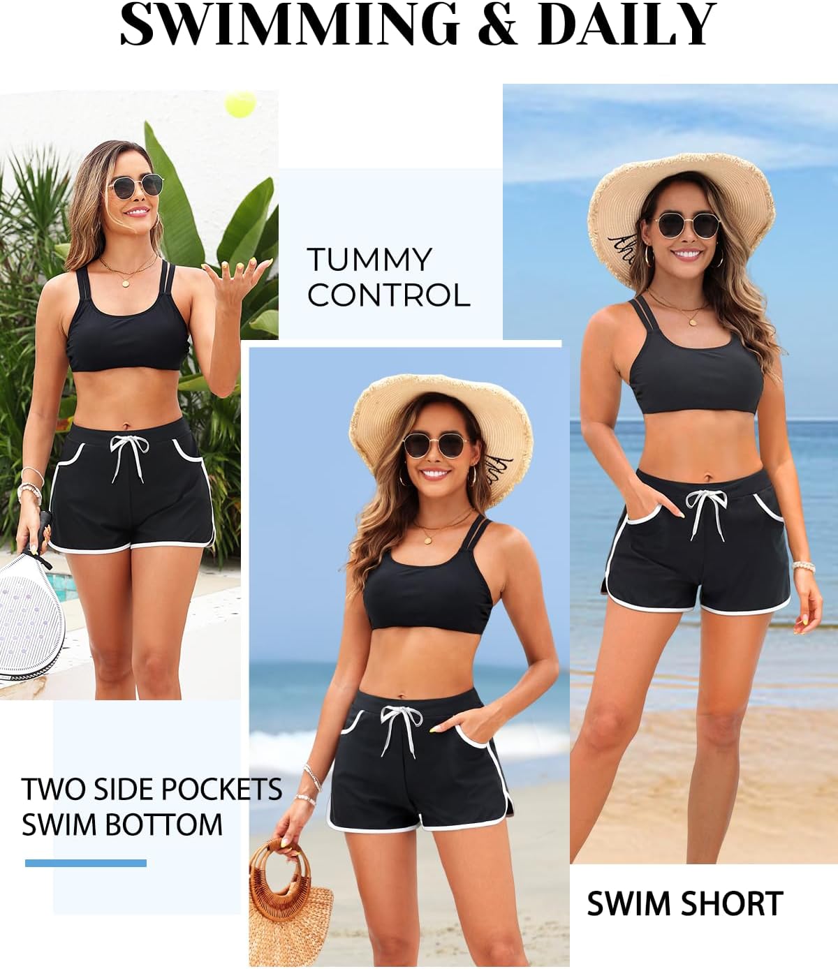 Tempt Me Women Swim Shorts with Pockets - Black Beach Boardshorts Drawstring Swim Trunks Bathing Suit Bottoms 2025 S - Image 5