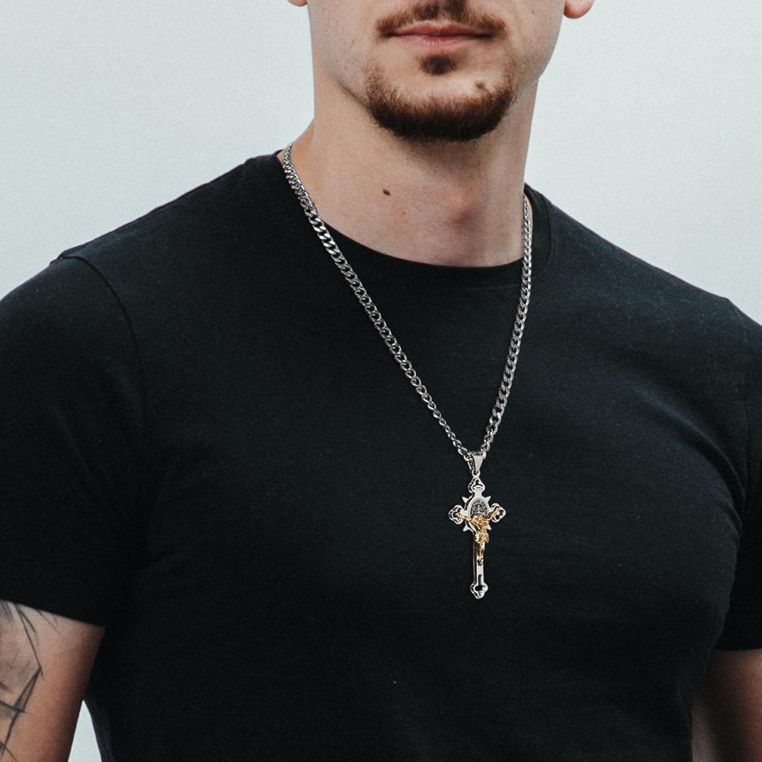 HZMAN Religion Stainless Steel Saint St St. Benedict Crucifix Cross Pendants Necklace INRI - Image 2