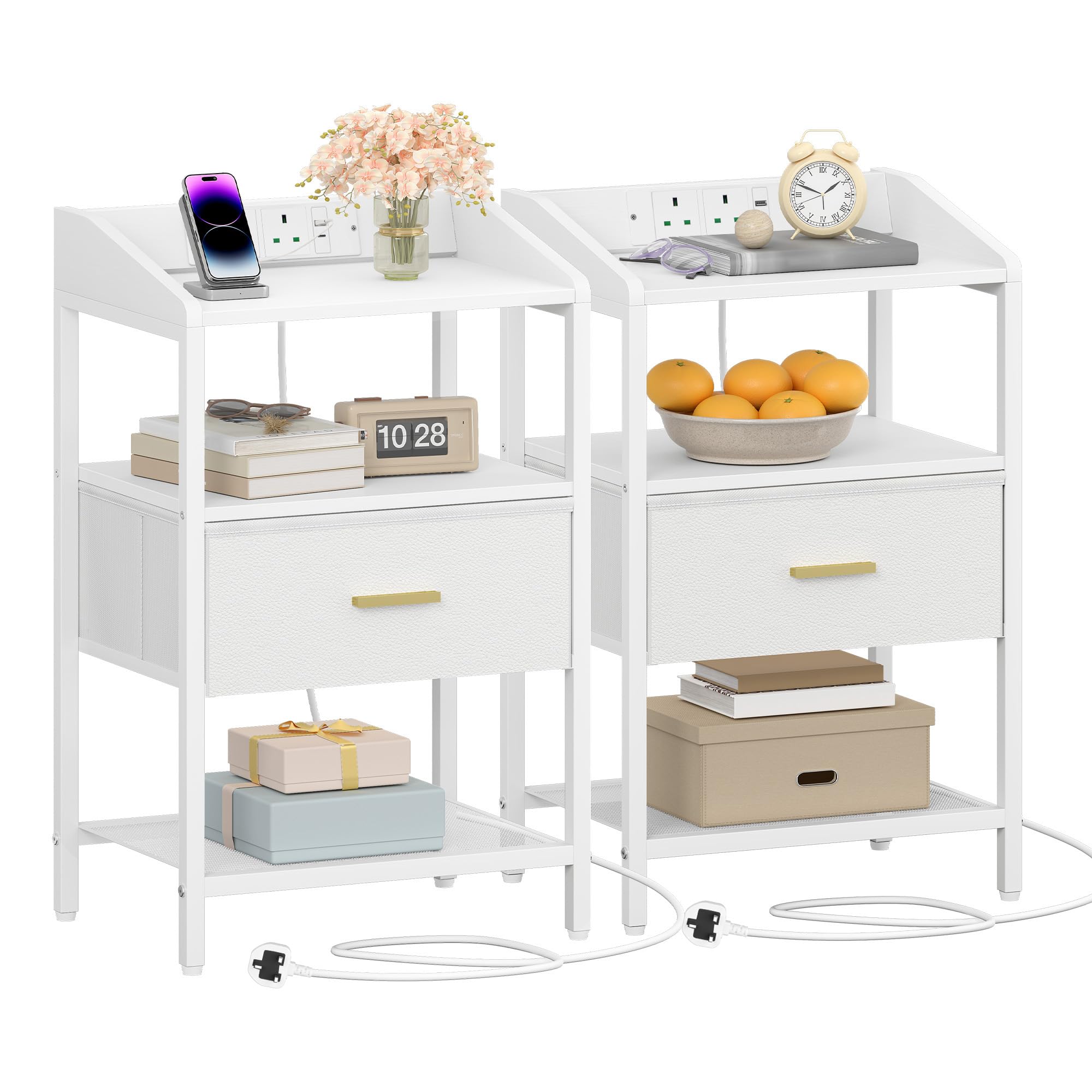 Hzuaneri Bedside Table Set of 2 with Charging Station, Bedside Cabinet with 2 Open Shelf and 1 Fabric Storage Drawer, Side End Table with USB Ports & TypeC for Bedroom, Living Room White NS30313WUK