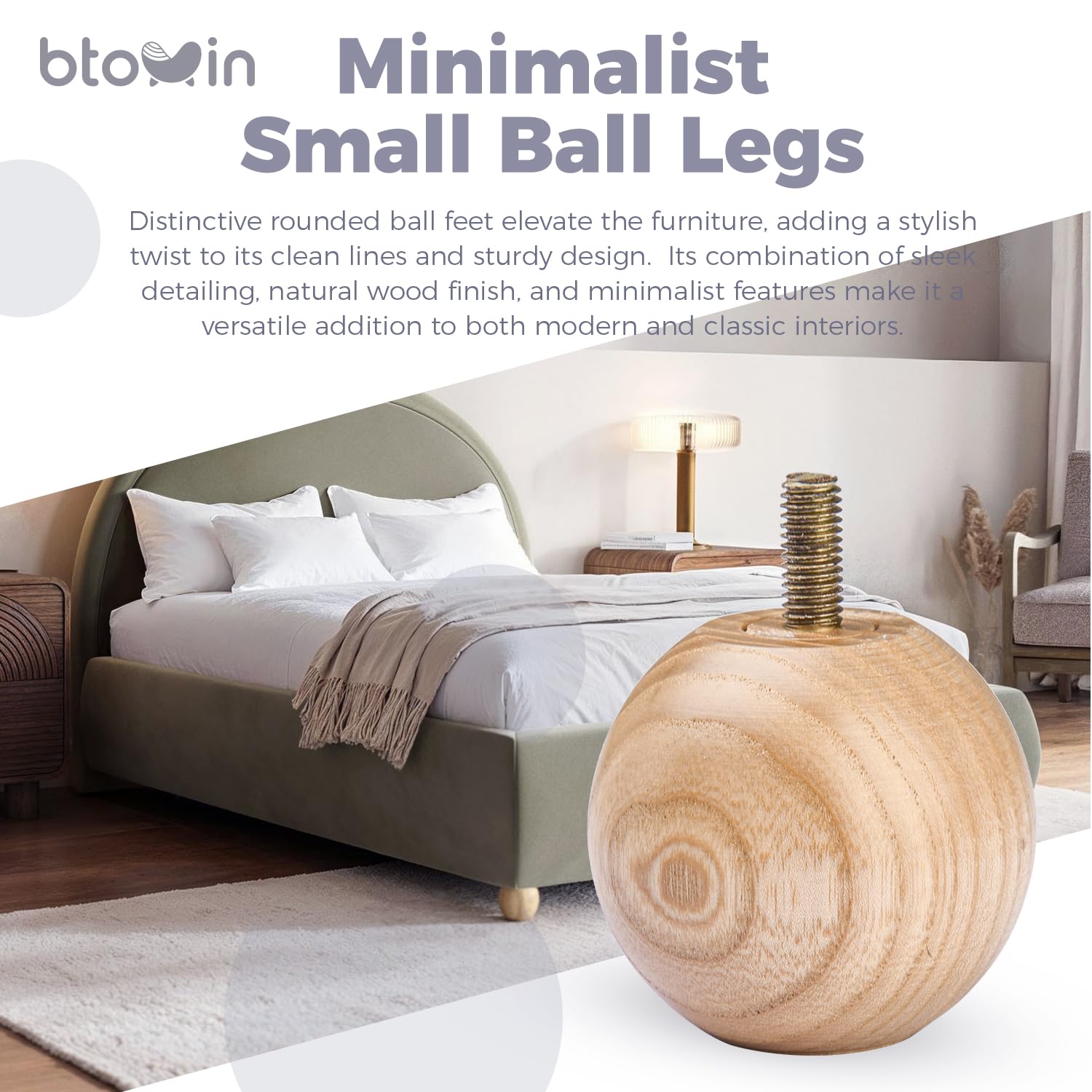 Patas de madera de fresno de 5 cm para muebles, 4 patas redondas de bola pequeña barnizada, patas de repuesto minimalistas de madera modernas con perno M8 y placa de montaje para cama, sofá, aparador