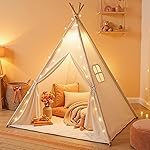 Sumbababy Teepee Tent for Kids, Cotton Canvas Indoor Play Tent, Foldable Toddler Sleepover Tents for Girls & Boys Slumber Party, Washable Gift Set with Star Lights, Banner & Carry Bag